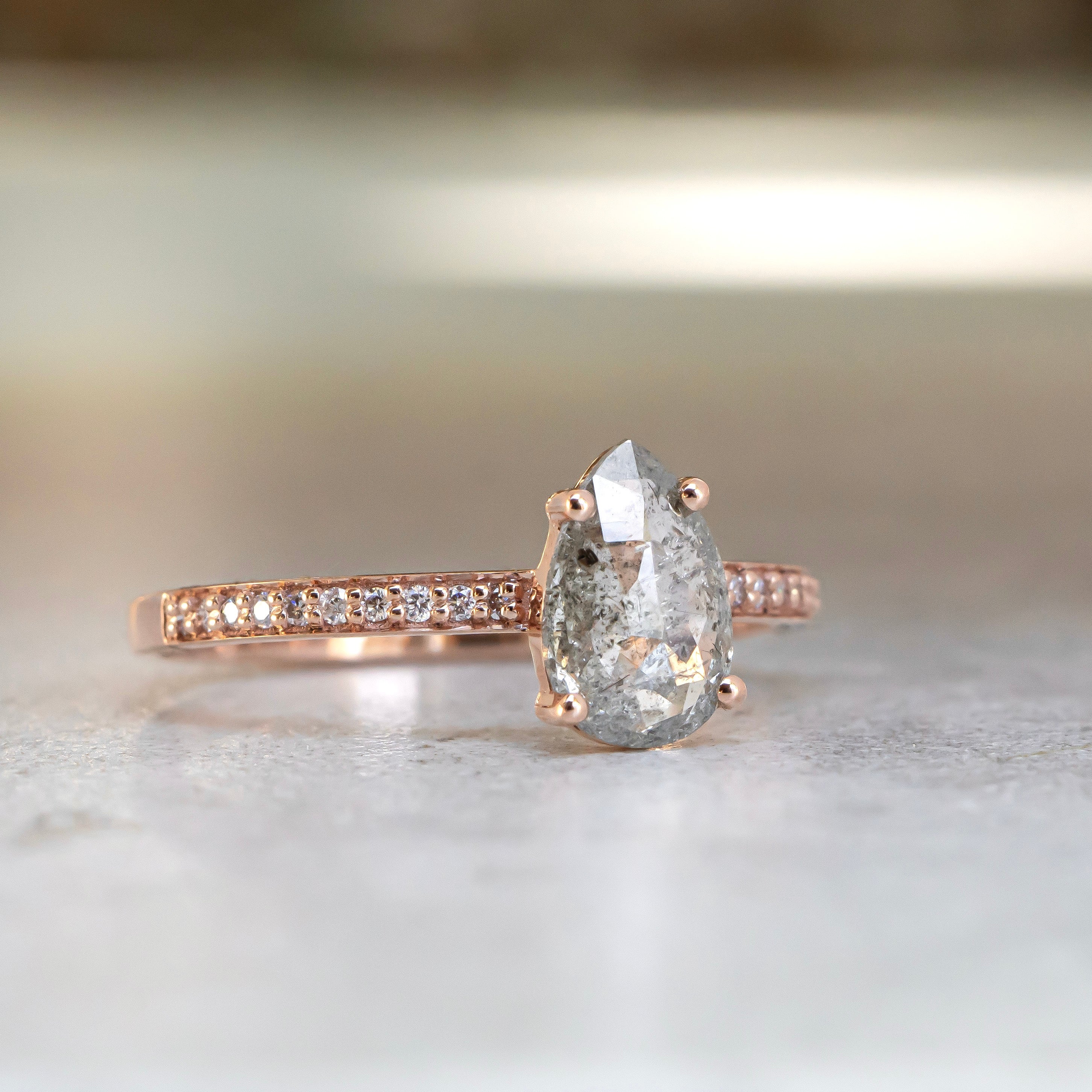 Icy White Salt and Pepper Pear Diamond Ring in Rose Gold, with Pavé Band