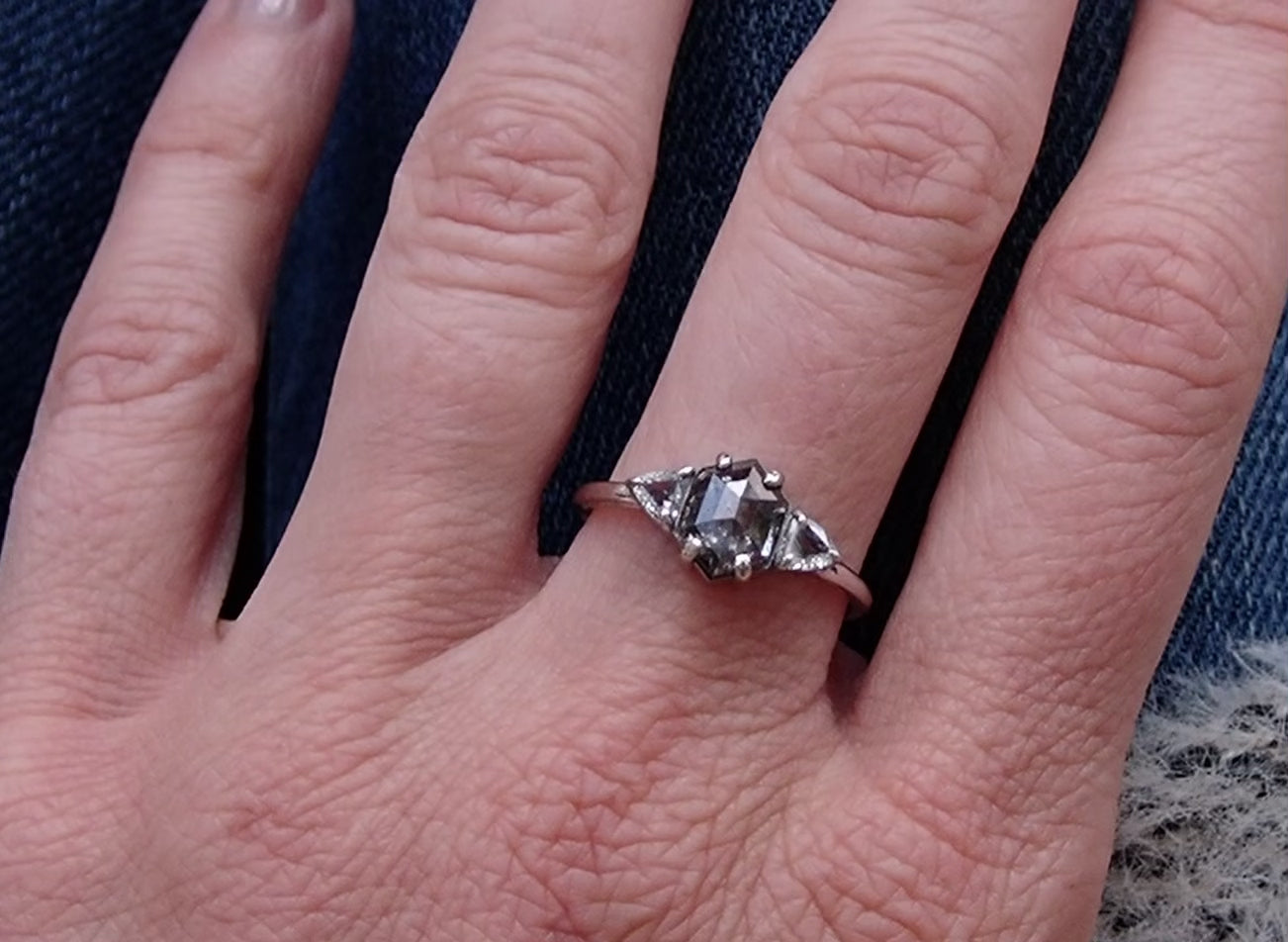 Salt and Pepper Hexagon Diamond Ring with Triangle Accents, 14k White Gold