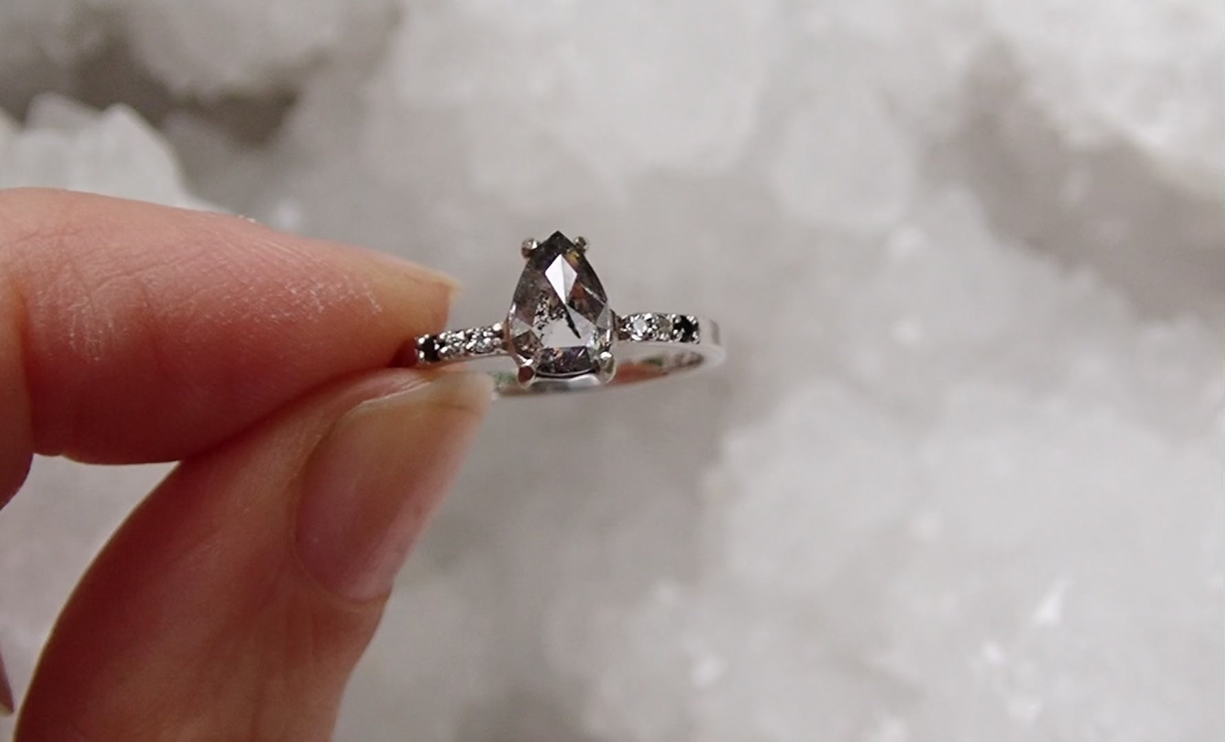 SAlt and pepper pear diamond ring video white gold