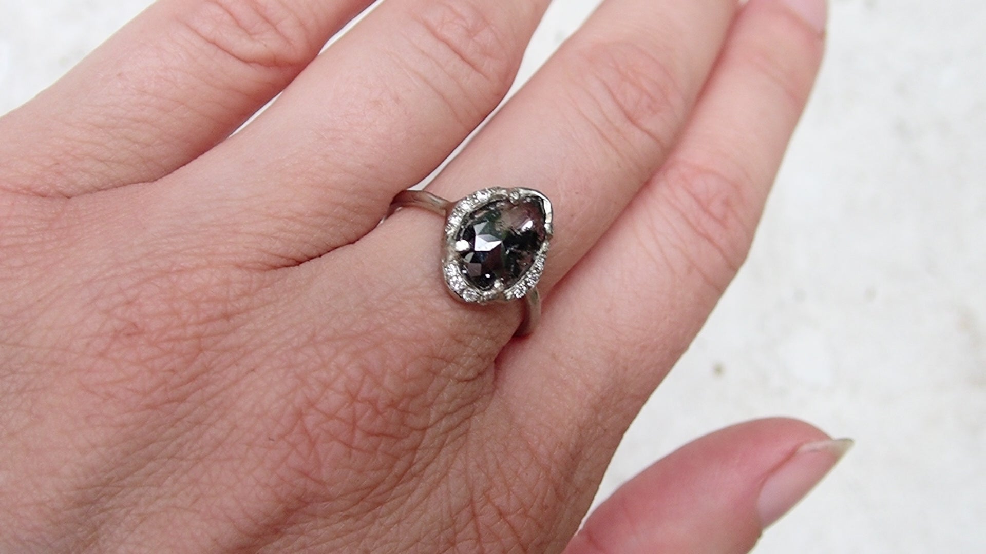 Salt and Pepper Pear Diamond Ring, Scattered Halo Setting, 14k White Gold