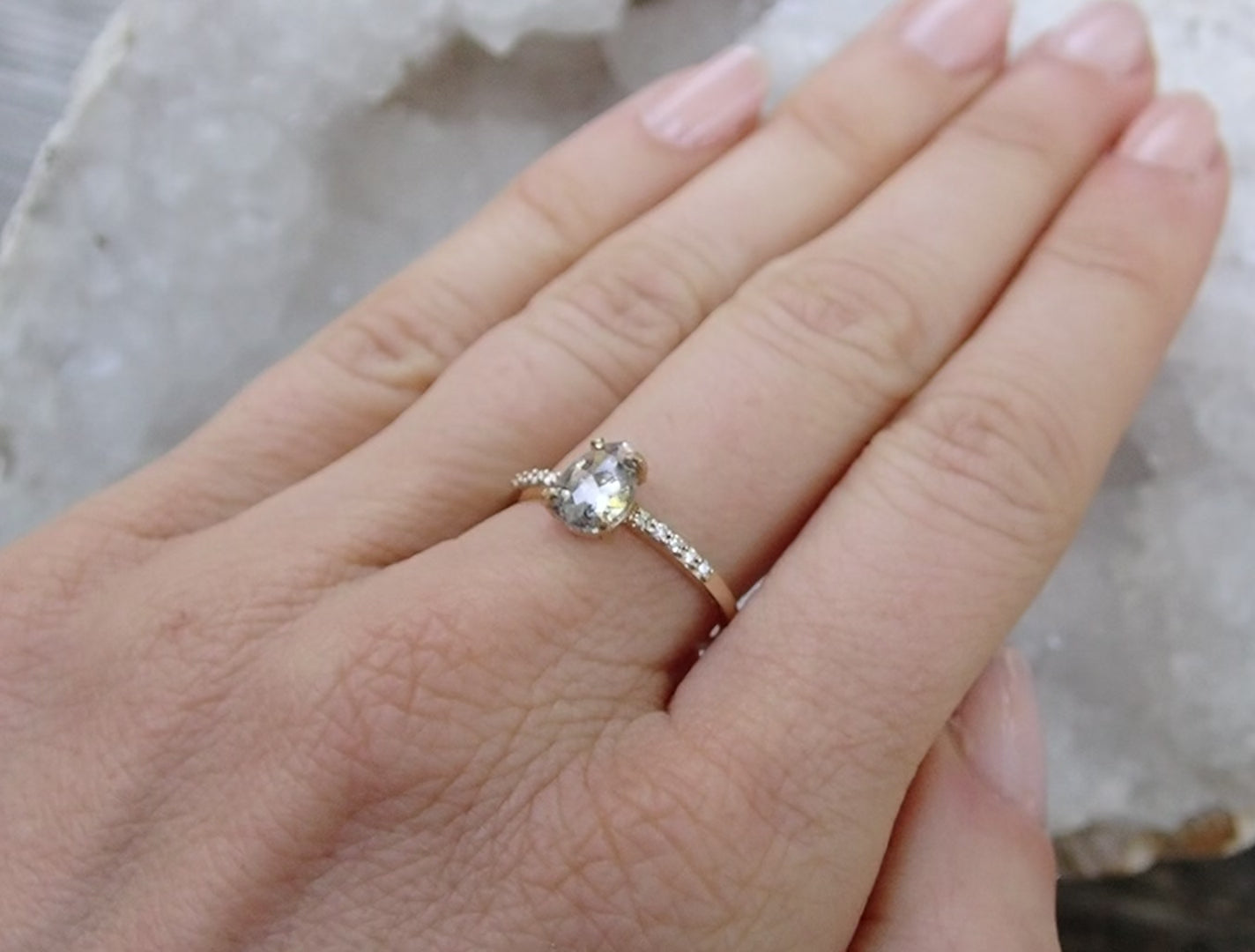 Salt and Pepper Pear Diamond Ring with Diamond Pavé Band