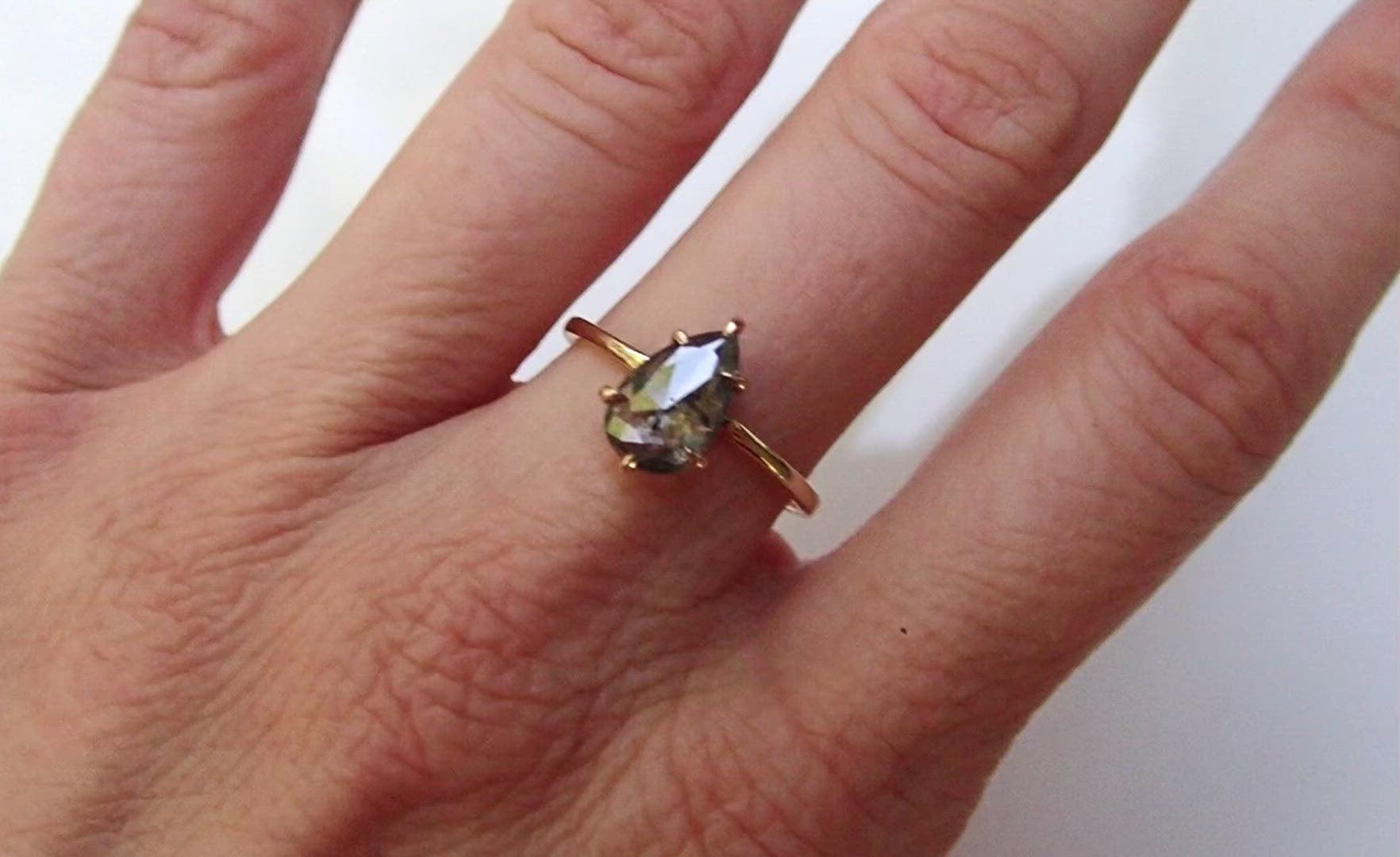 Salt and Pepper Pear Diamond Ring 14k yellow Gold, Six Prong Setting
