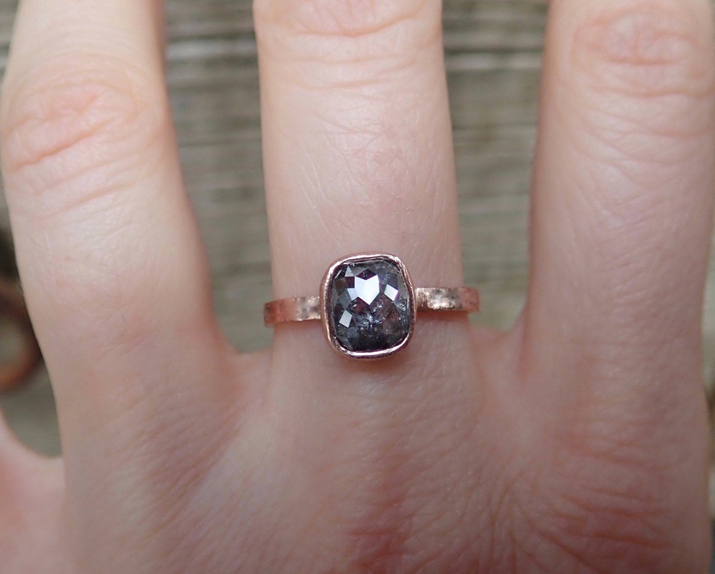 Custom: Cushion and Oval, Rose Cut Salt and Pepper Diamond Ring mossNstone