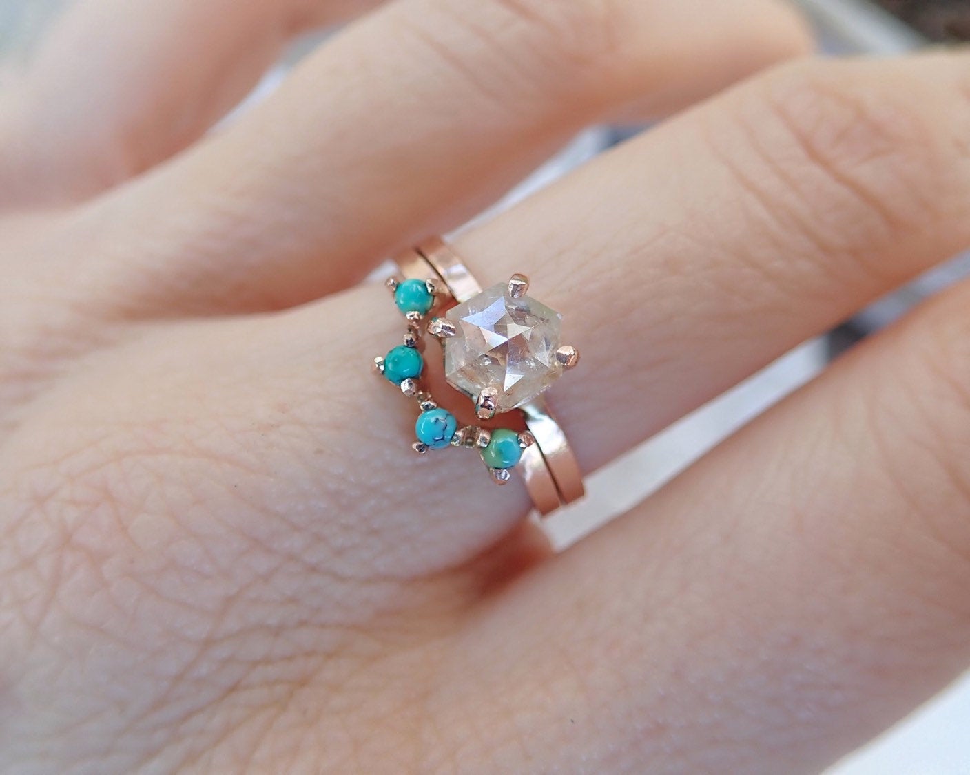 Turquoise Crown Wedding Band - Salt and Pepper Diamond Ring- mossNstone