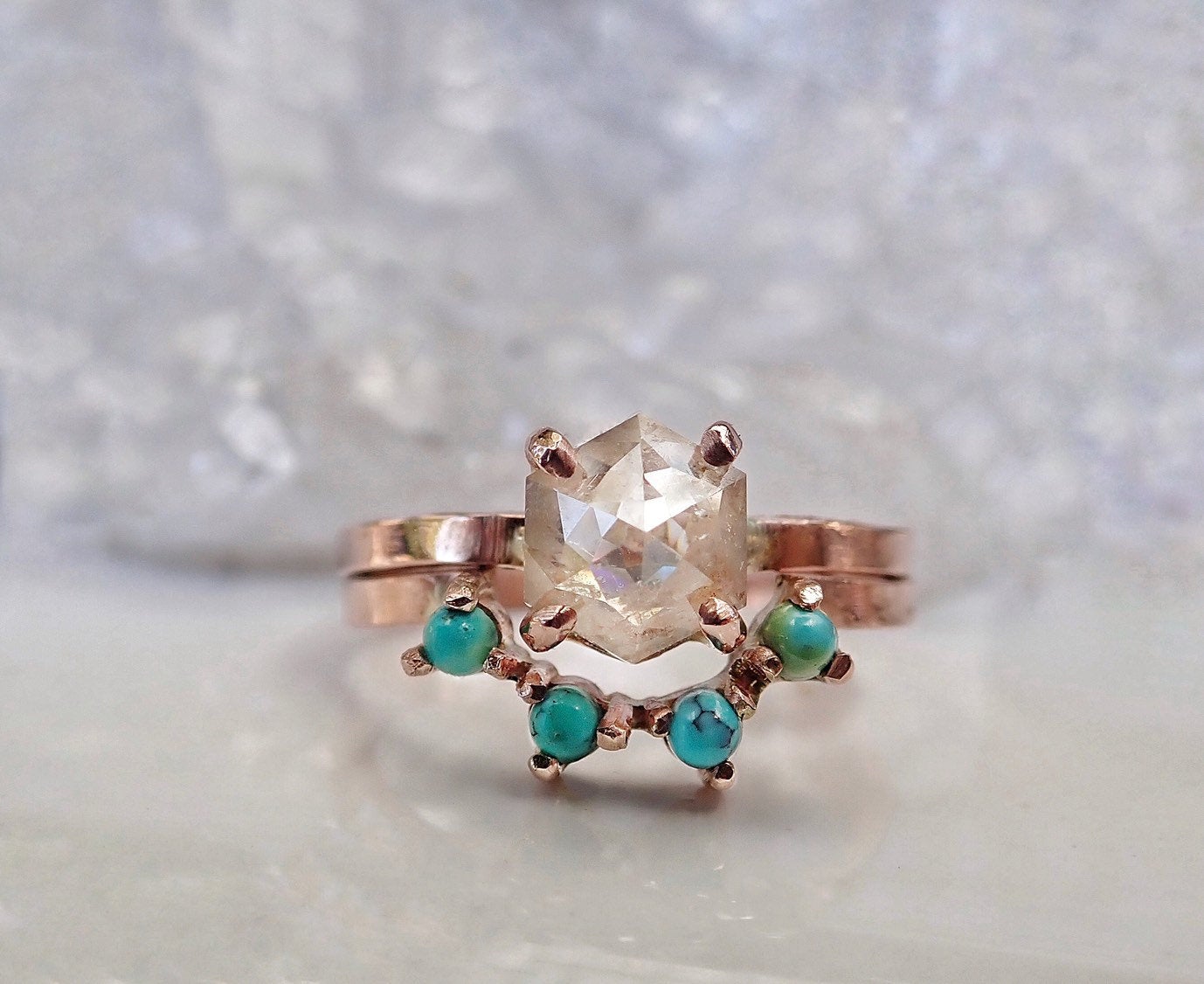 Turquoise Crown Wedding Band - Salt and Pepper Diamond Ring- mossNstone