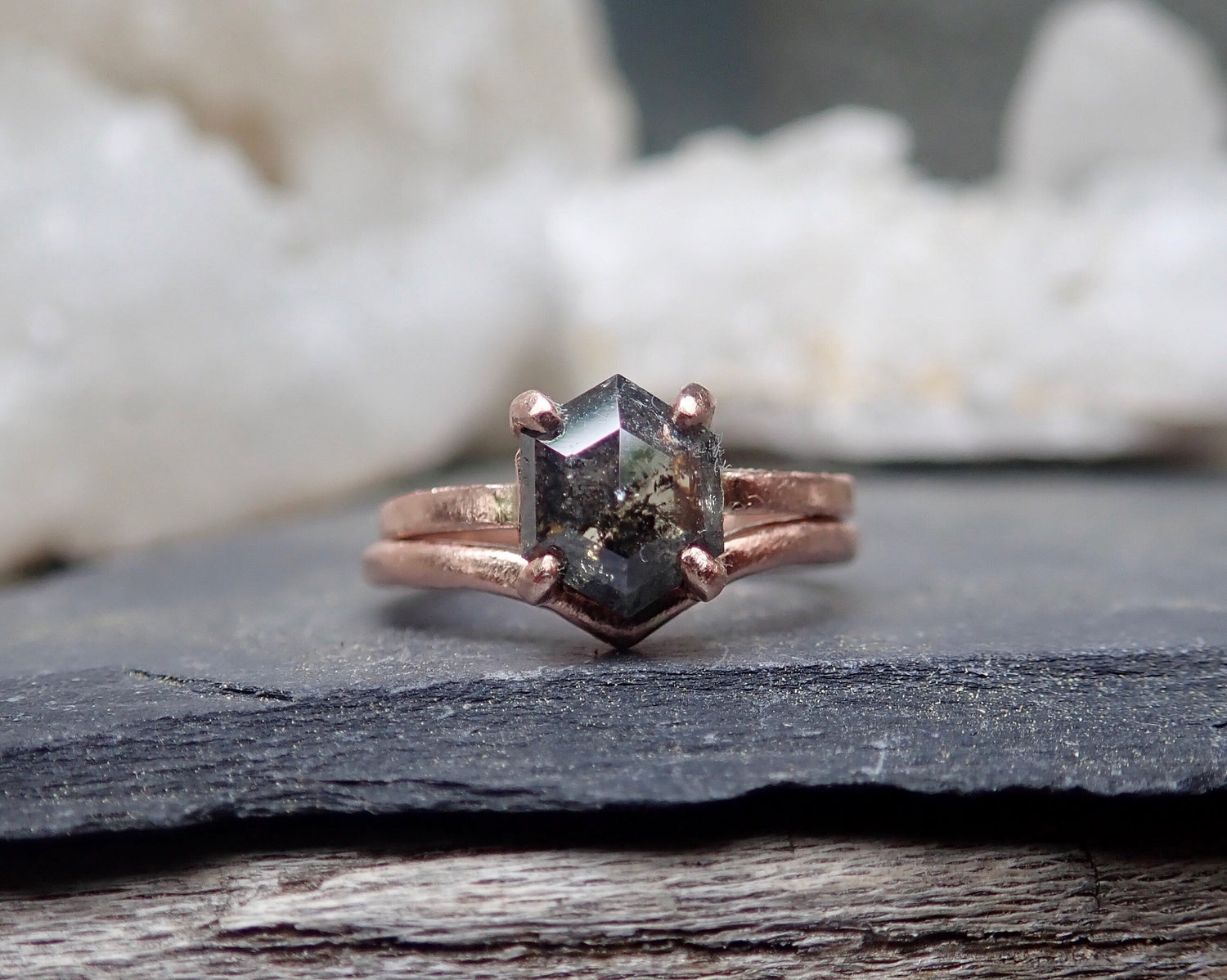 Custom: Hexagon Salt and Pepper Diamond Ring mossNstone