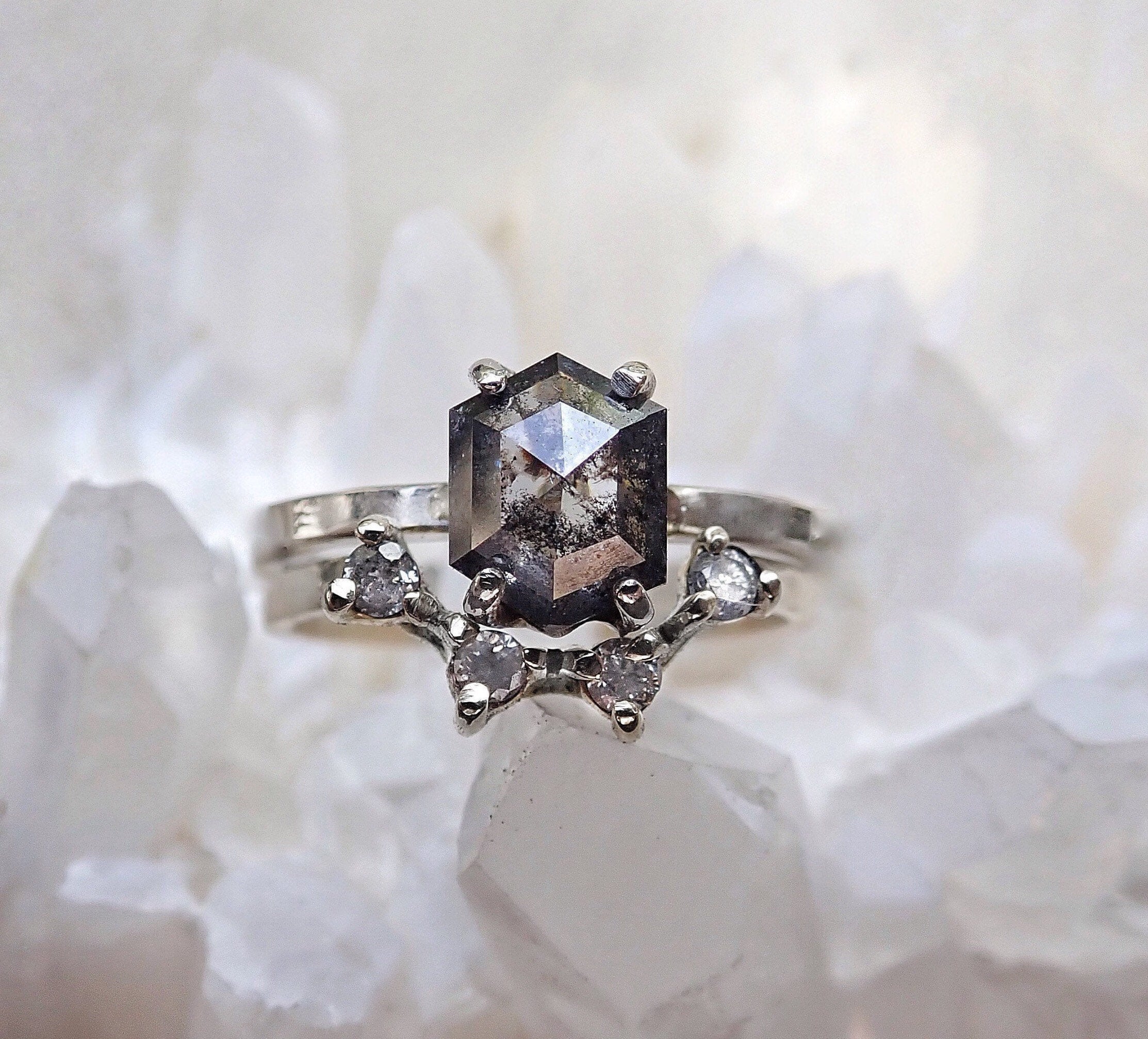 Custom: Elongated Hexagon Cut, Salt and Pepper Diamond Engagement Ring - mossNstone