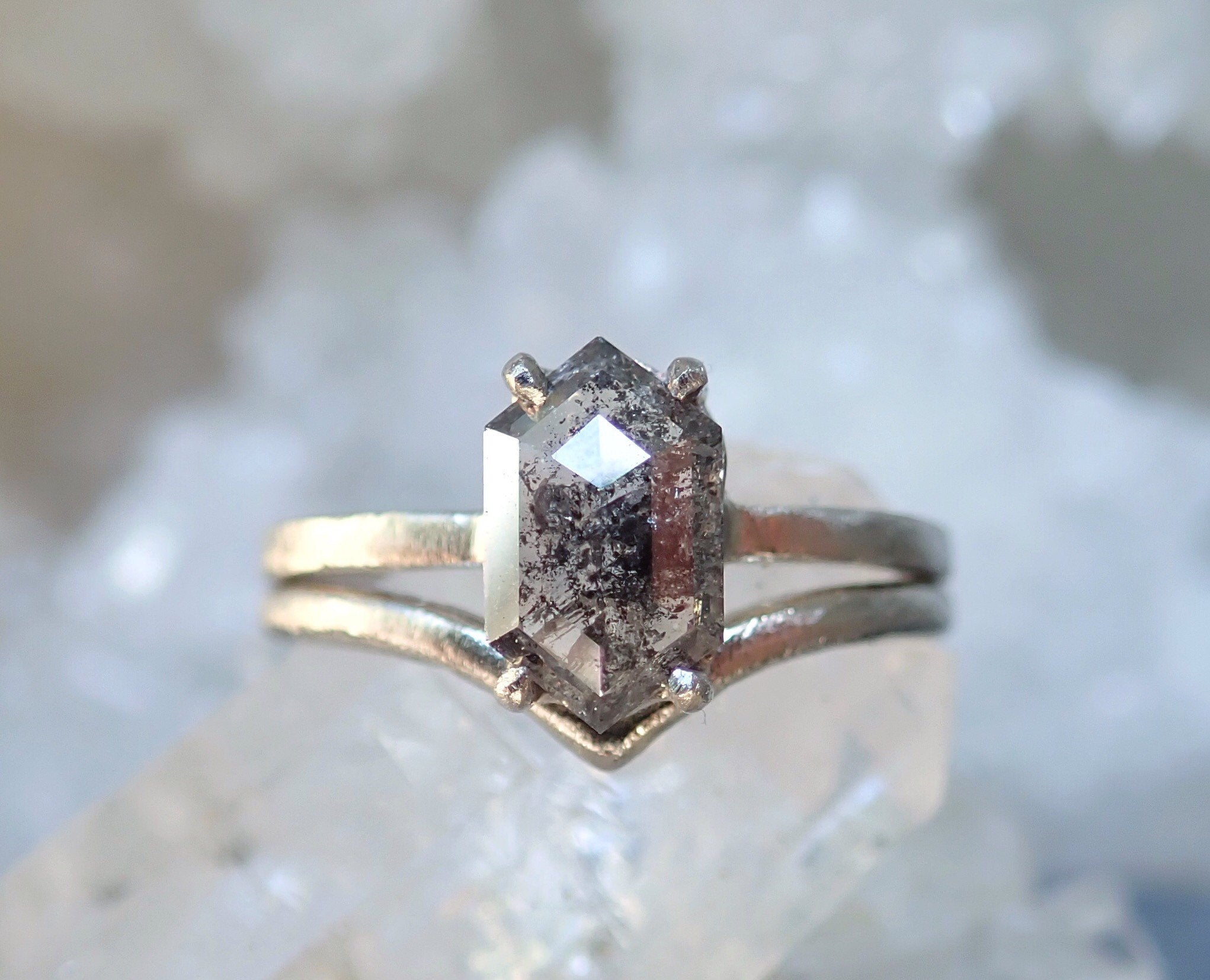 Chevron Gold Wedding Band - Salt and Pepper Diamond Ring- mossNstone