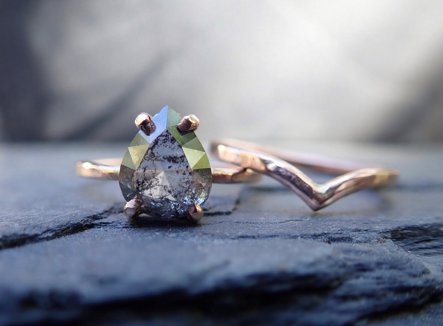 Chevron Gold Wedding Band - Salt and Pepper Diamond Ring- mossNstone