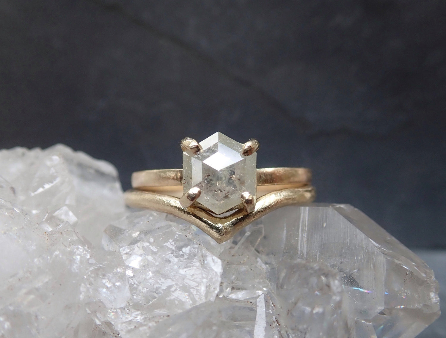 Chevron Gold Wedding Band - Salt and Pepper Diamond Ring- mossNstone