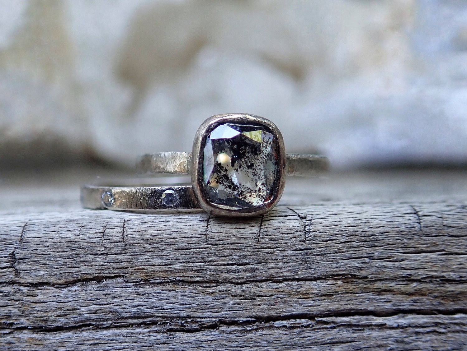 Custom: Cushion and Oval, Rose Cut Salt and Pepper Diamond Ring mossNstone