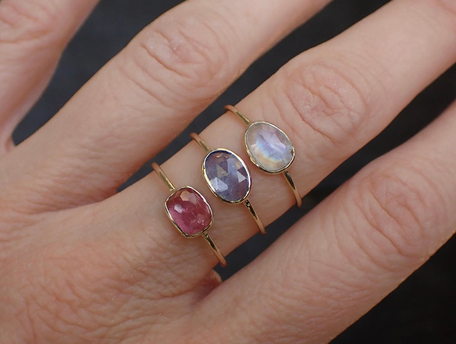 Rainbow Moonstone Ring, Solid 14k, Rose Cut Moonstone, Minimalist Ring - mossNstone