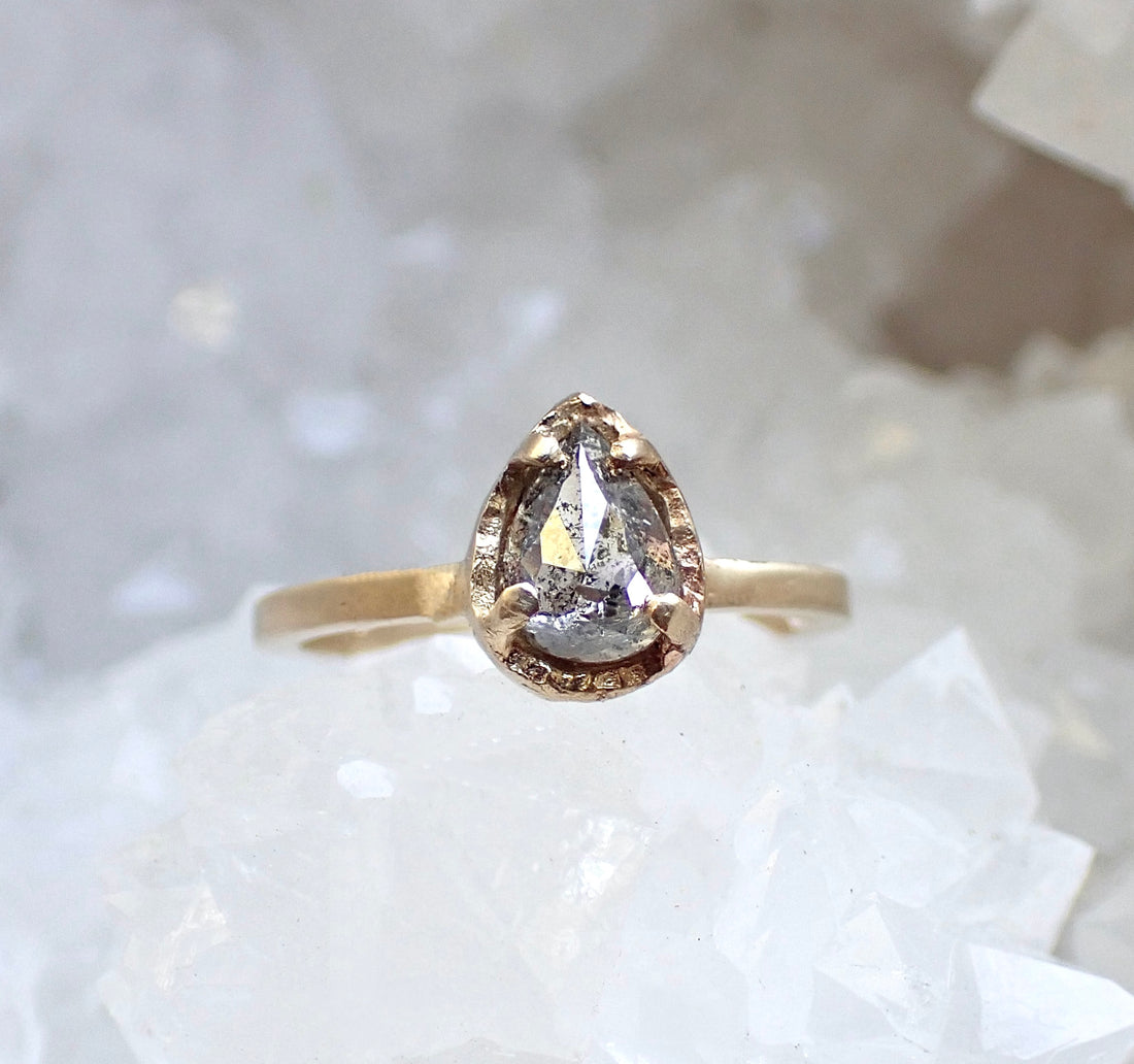 Salt and Pepper Pear Solitaire Diamond, Hand Carved in 14k yellow gold - Salt and Pepper Diamond Ring- mossNstone