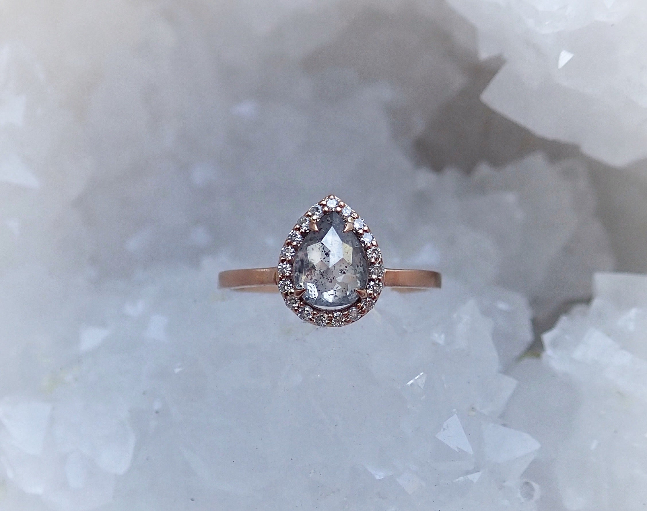 Halo Salt and Pepper Pear Diamond Ring 14k Rose Gold - Salt and Pepper Diamond Ring- mossNstone