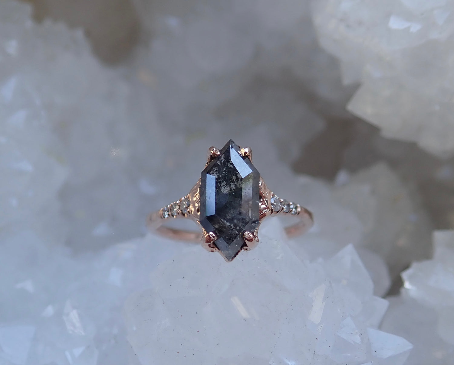 Salt and Pepper,  Elongated Hexagon, Black Diamond, 14k Rose Gold - Salt and Pepper Diamond Ring- mossNstone