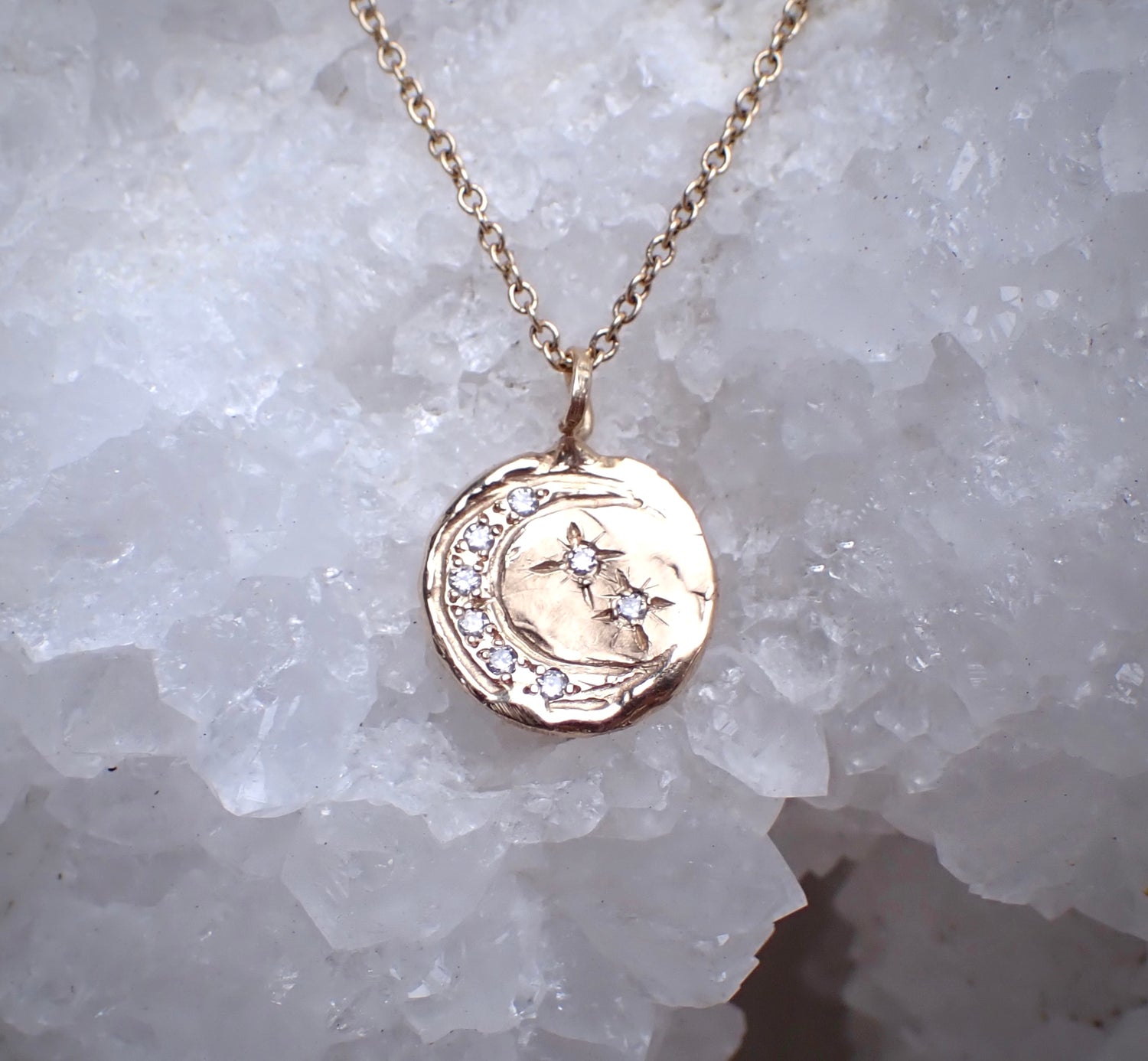 Crescent Diamond and Stars Coin Pendant - Salt and Pepper Diamond Ring- mossNstone