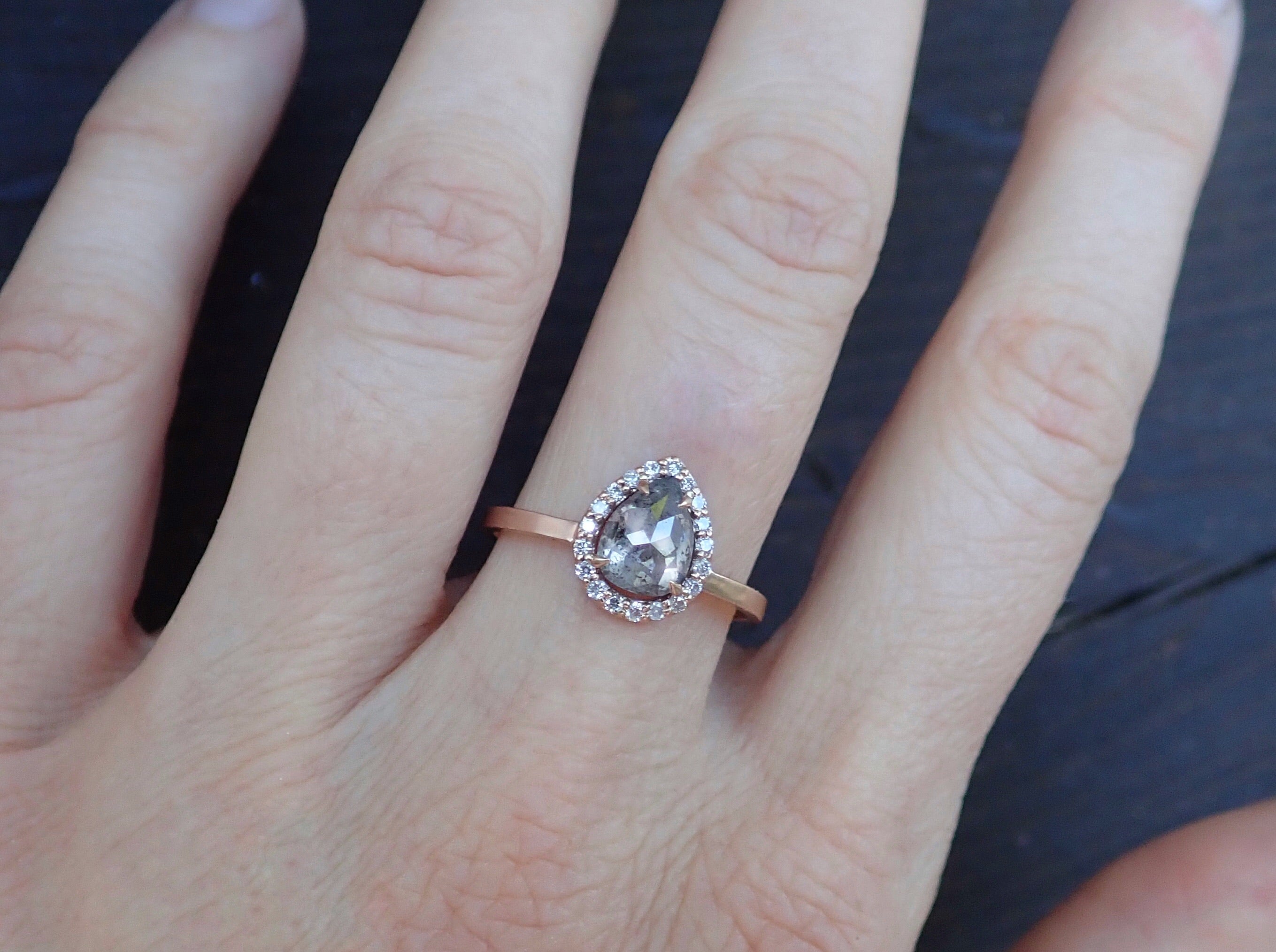 Halo Salt and Pepper Pear Diamond Ring 14k Rose Gold - Salt and Pepper Diamond Ring- mossNstone