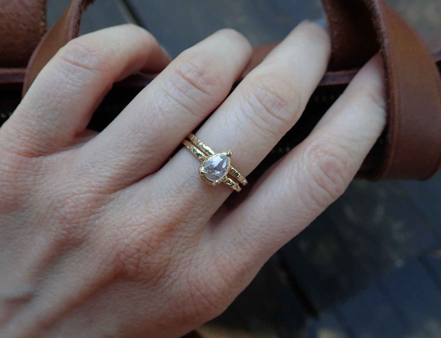 Salt and Pepper, Solitaire White Diamond Pear Set, Hand Carved in 14k yellow gold - Salt and Pepper Diamond Ring- mossNstone