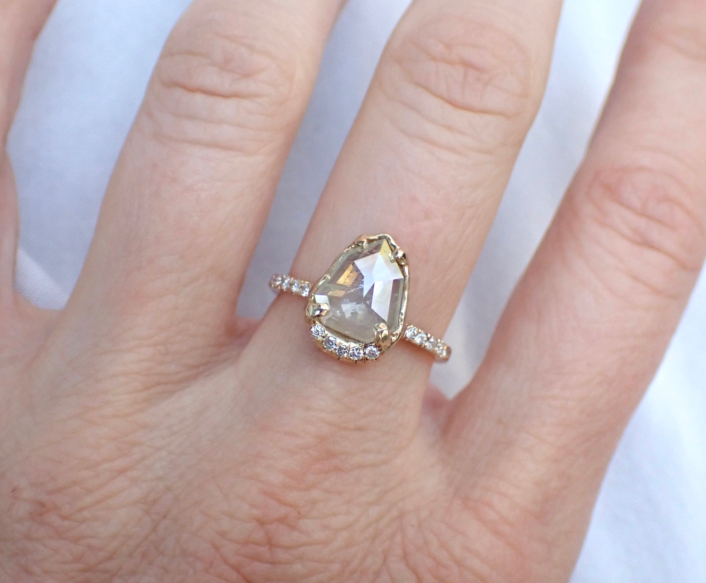 Icy White Shield Cut Diamond Ring - Salt and Pepper Diamond Ring- mossNstone
