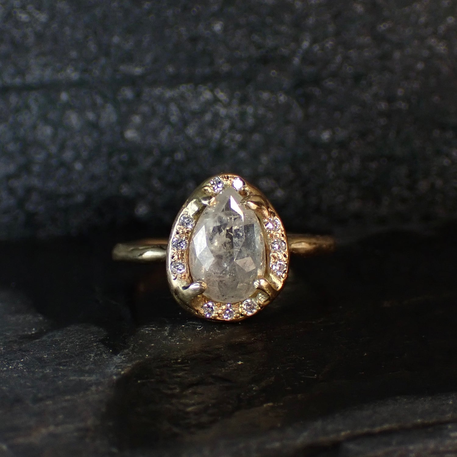 Icy White Salt and Pepper Pear Diamond Ring, in a Molten Diamond Halo - Salt and Pepper Diamond Ring- mossNstone