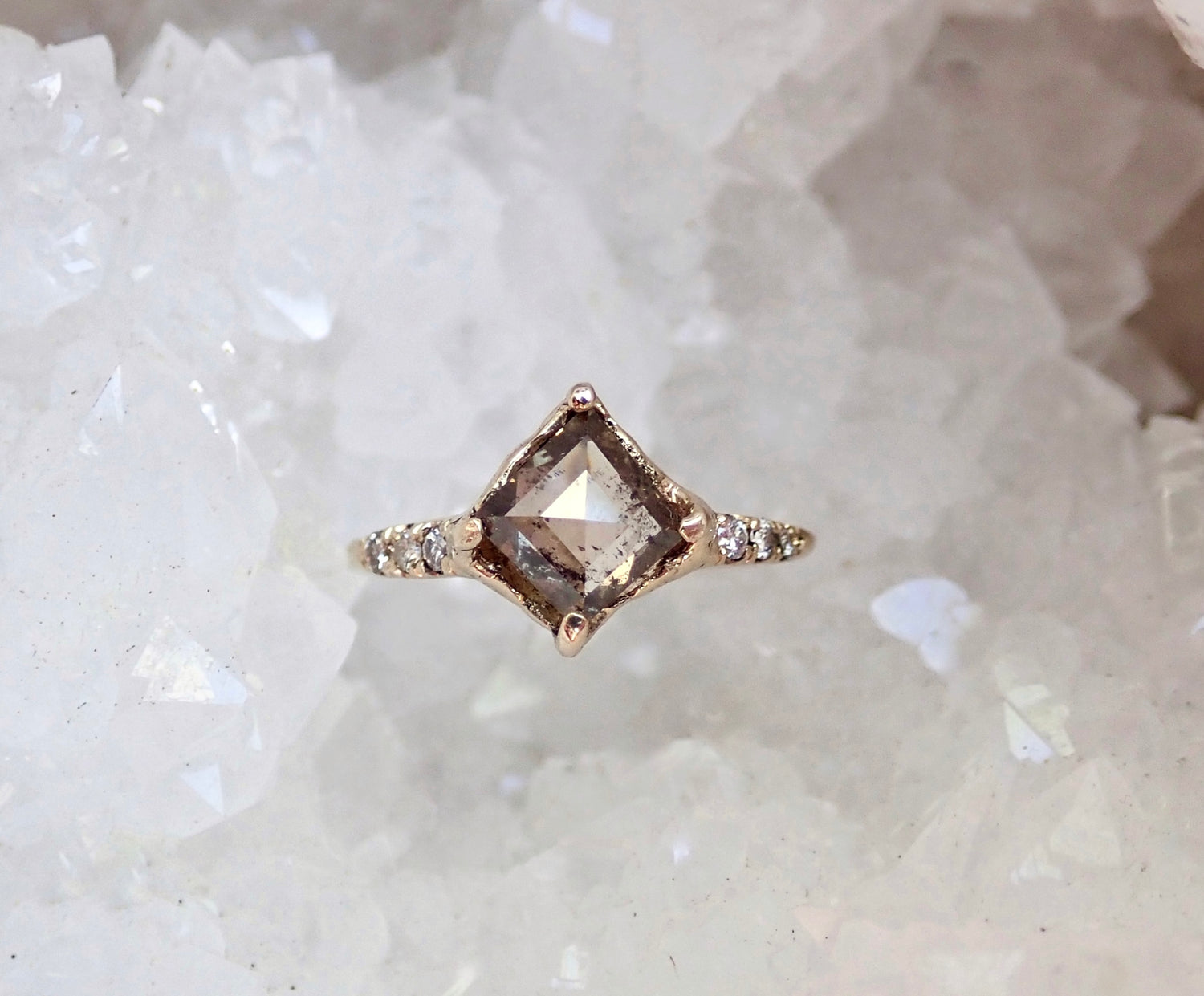 Salt and Pepper, Geometric Kite Diamond ring set, 14k Yellow Gold - Salt and Pepper Diamond Ring- mossNstone