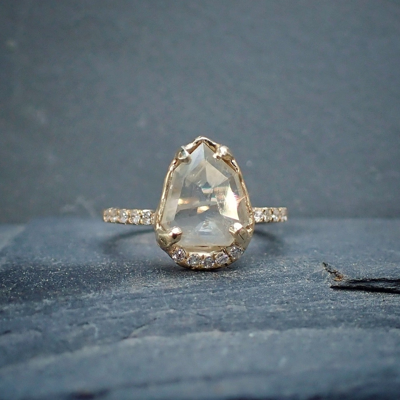 Icy White Shield Cut Diamond Ring - Salt and Pepper Diamond Ring- mossNstone
