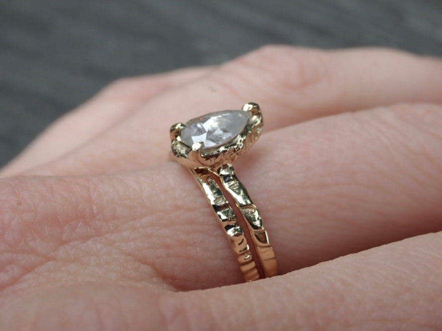 Salt and Pepper, Solitaire White Diamond Pear Set, Hand Carved in 14k yellow gold - Salt and Pepper Diamond Ring- mossNstone