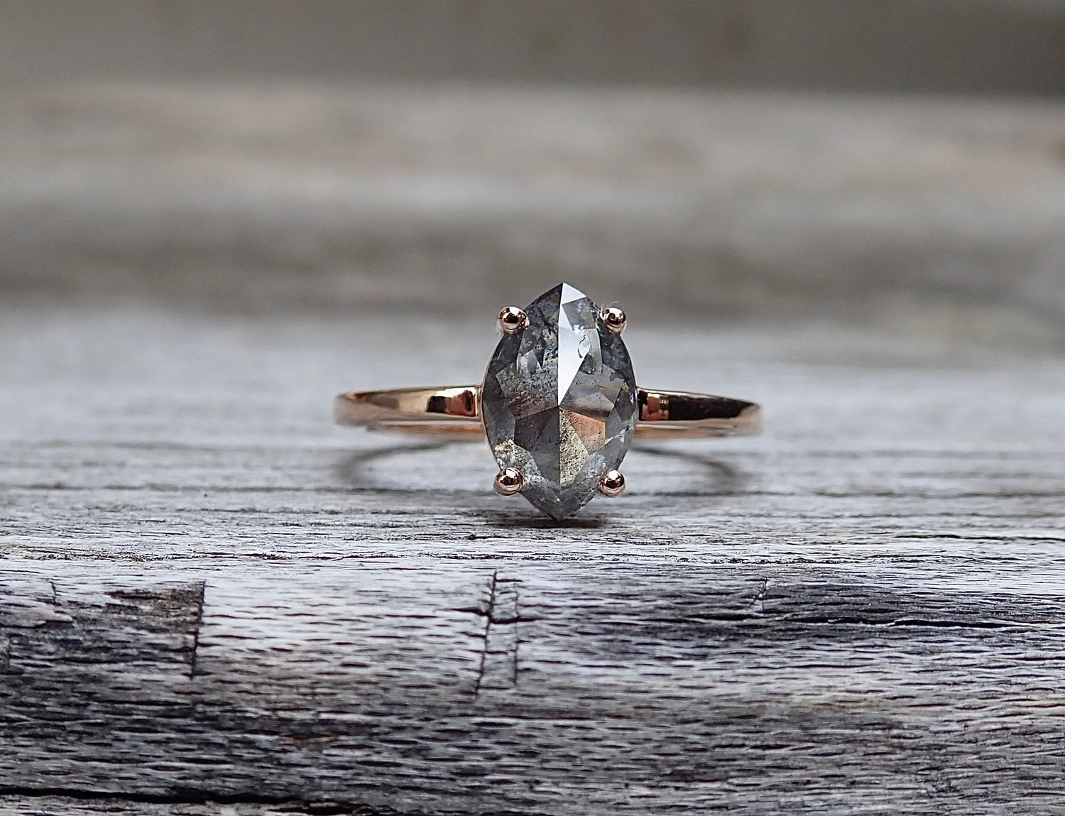 2.07ct Salt and Pepper Marquis Diamond Solitaire Ring 14k Rose Gold - Salt and Pepper Diamond Ring- mossNstone