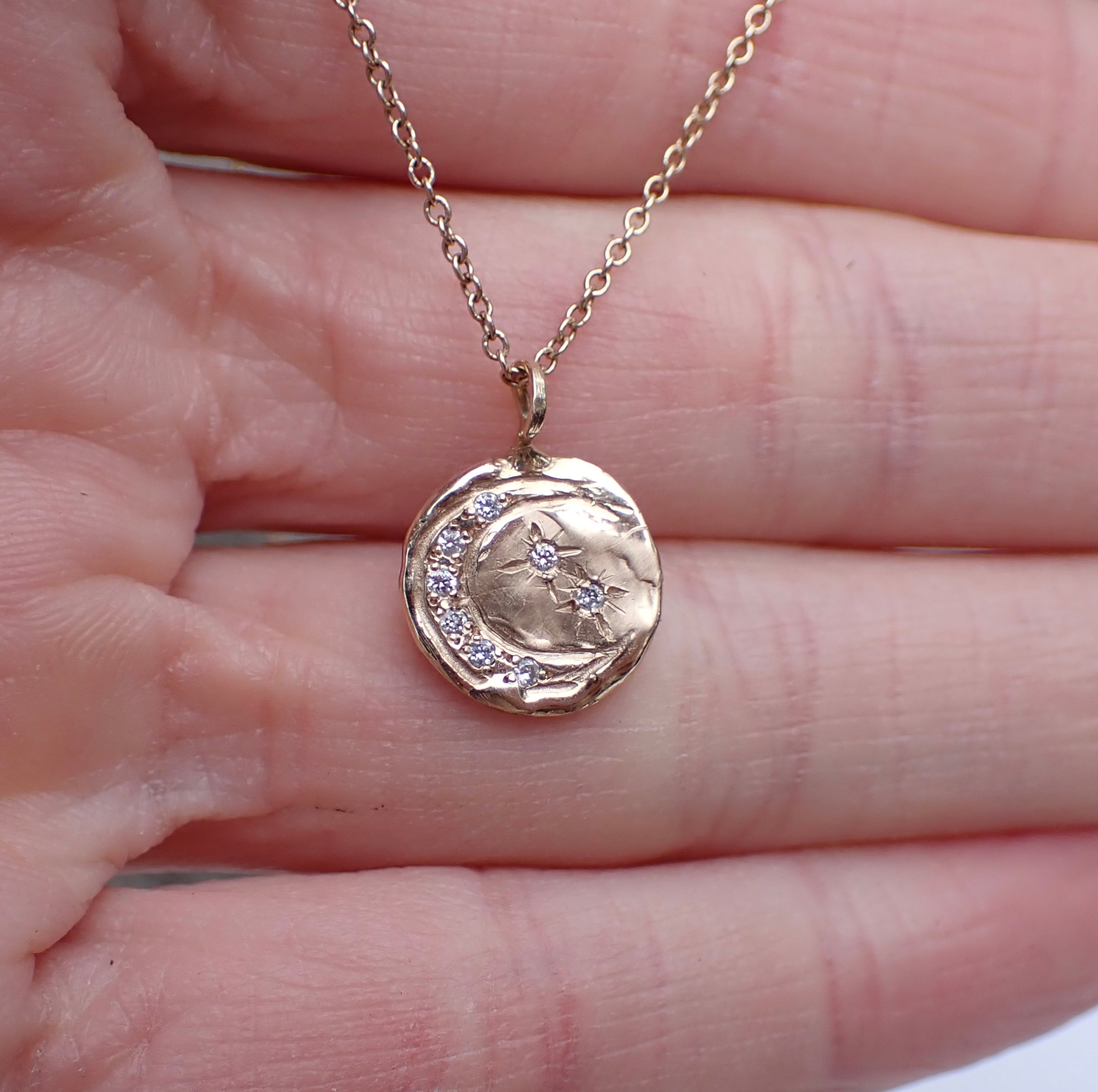 Crescent Diamond and Stars Coin Pendant - Salt and Pepper Diamond Ring- mossNstone