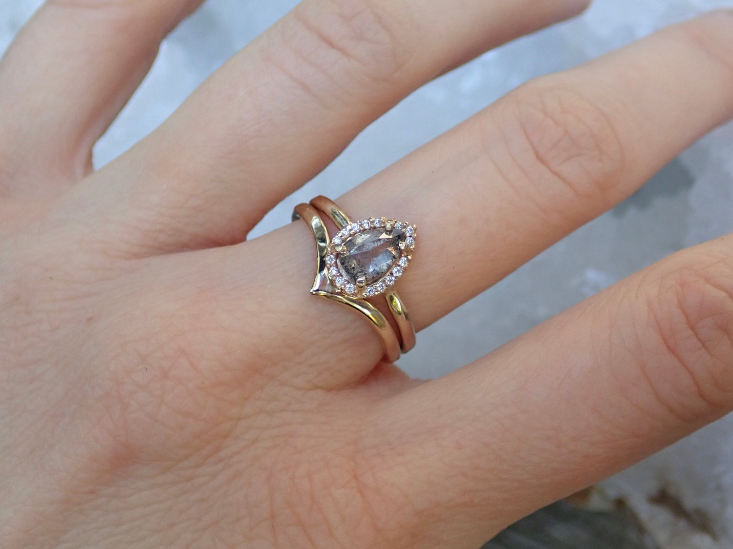 Chevron Gold Wedding Band - Salt and Pepper Diamond Ring- mossNstone