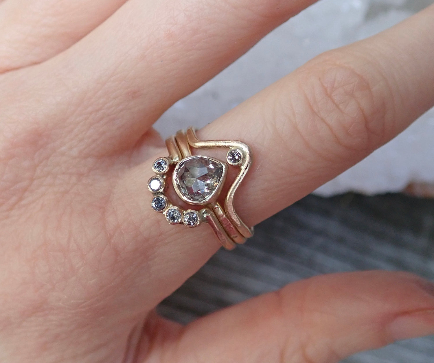 5 diamond Arc ring - Salt and Pepper Diamond Ring- mossNstone