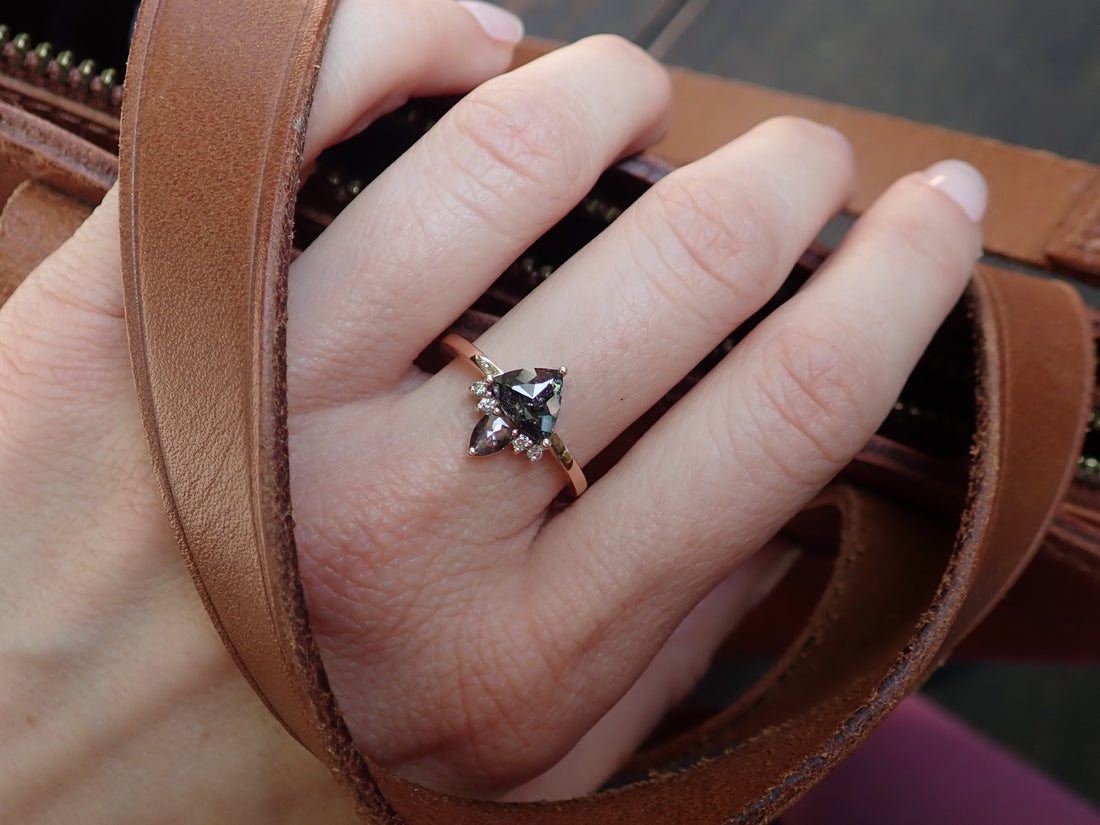 Geometric Salt and Pepper Diamond Cluster Ring, 14k Rose Gold - Salt and Pepper Diamond Ring- mossNstone