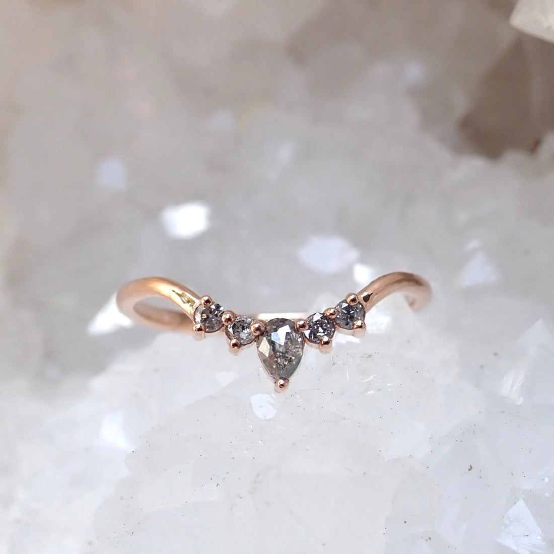 Inverted Pear Contour Ring - Salt and Pepper Diamond Ring- mossNstone