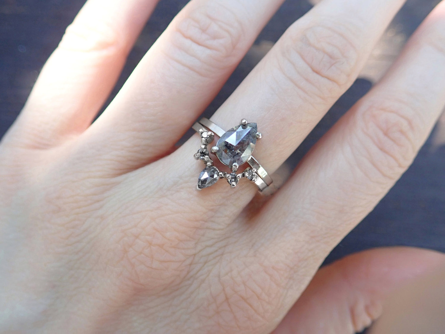 Inverted Diamond Crown Ring - Salt and Pepper Diamond Ring- mossNstone