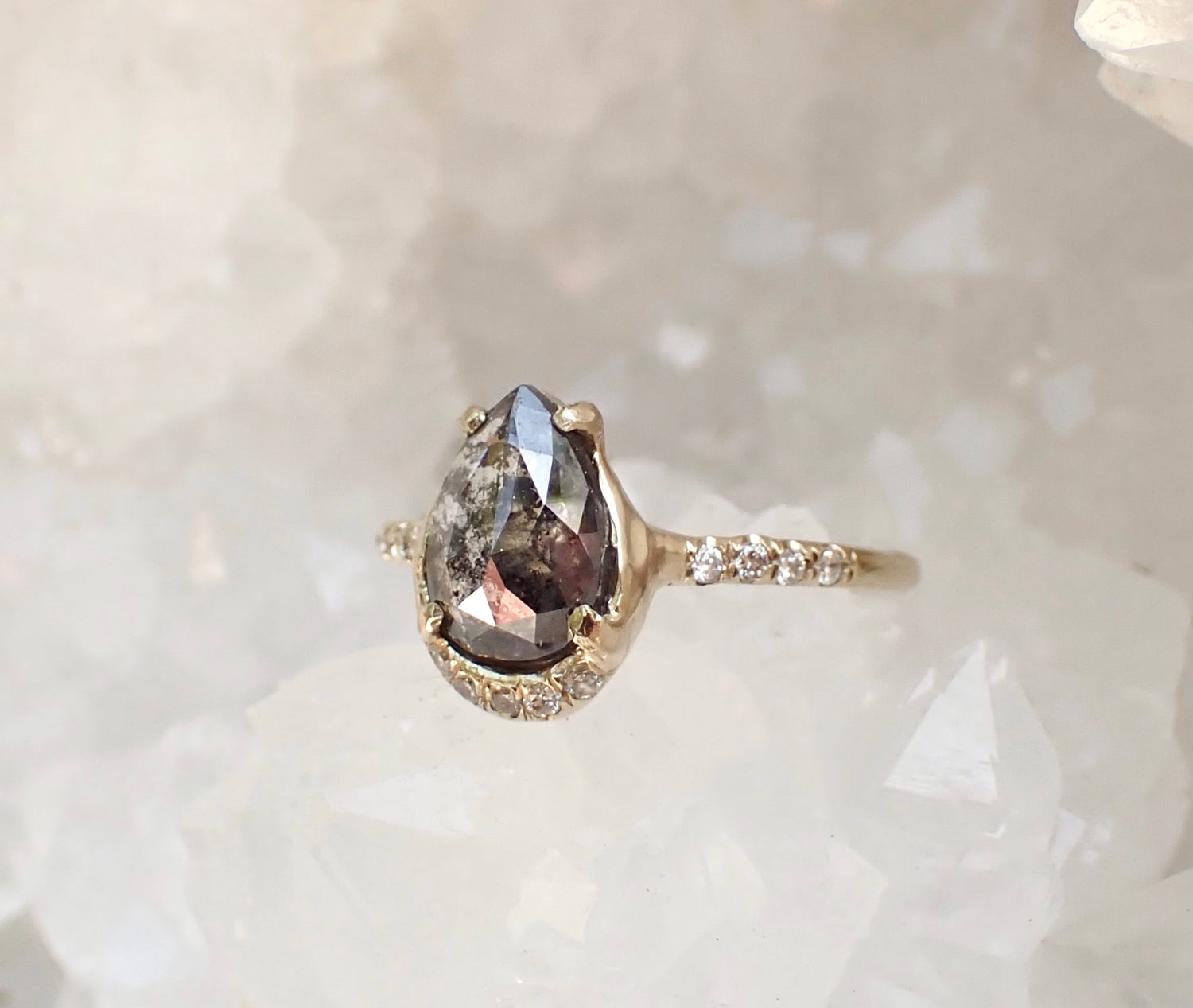 Salt and Pepper Pear Diamond Ring, 14k Gold - mossNstone