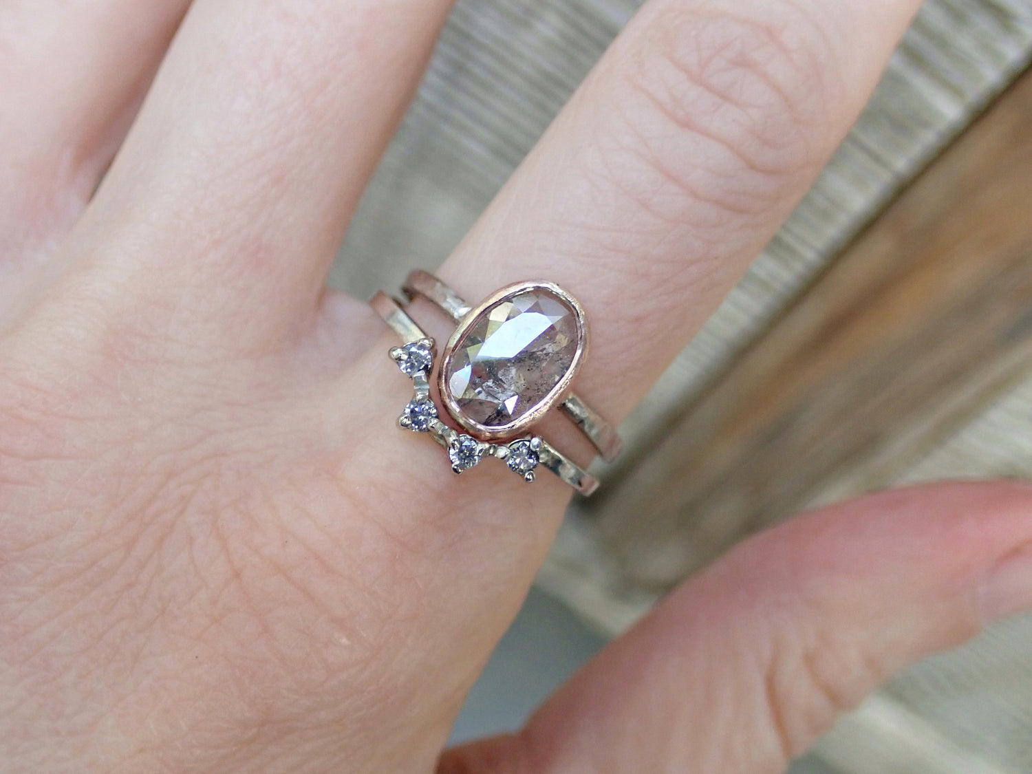 Custom: Cushion and Oval, Rose Cut Salt and Pepper Diamond Ring mossNstone