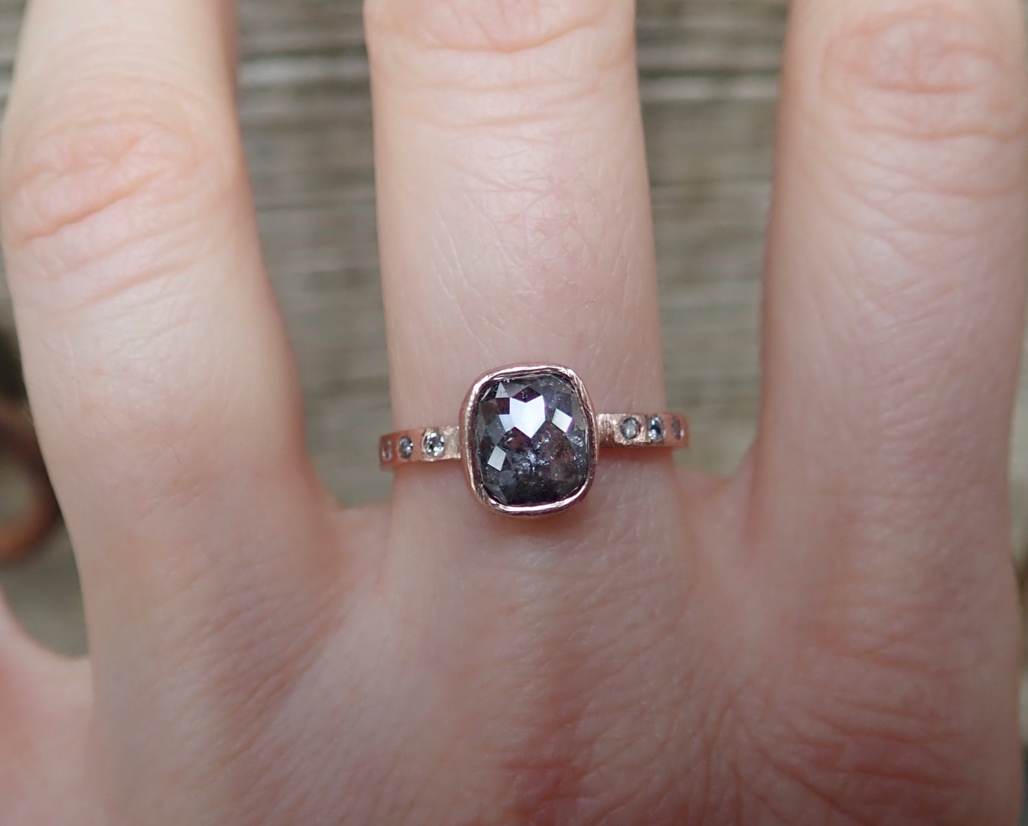 Custom: Cushion and Oval, Rose Cut Salt and Pepper Diamond Ring mossNstone