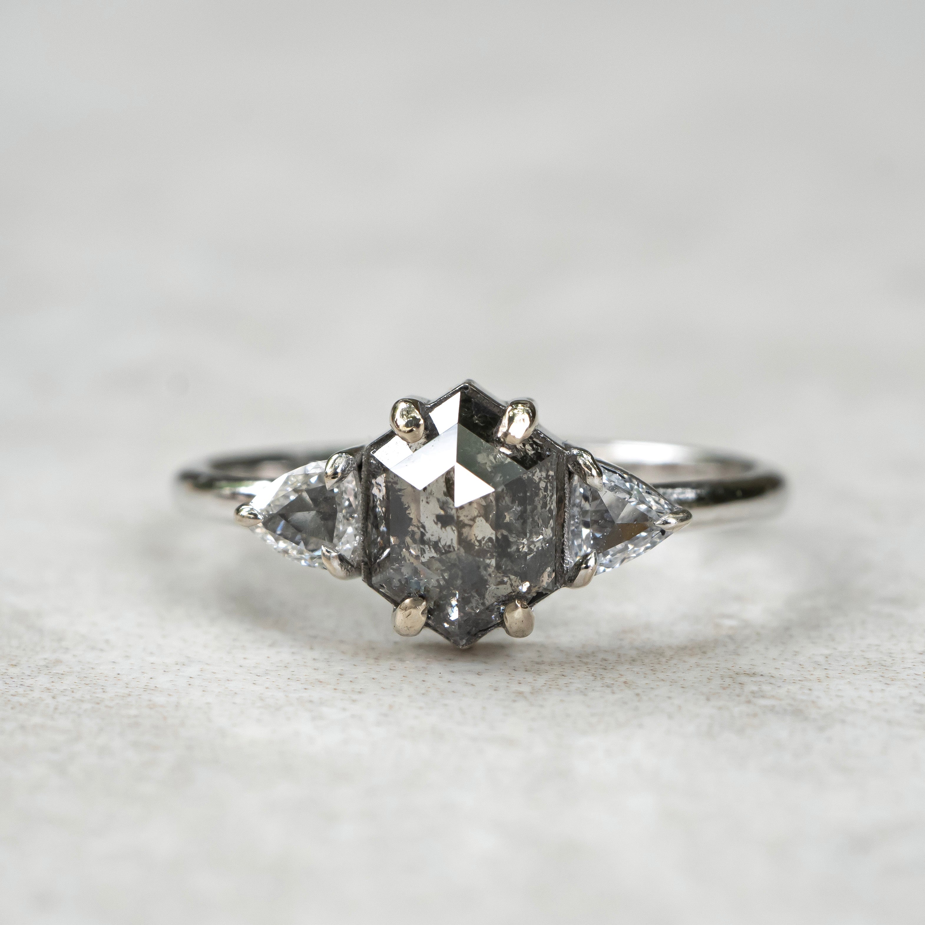 Salt and Pepper Hexagon Diamond Ring with Triangle Accents, 14k White Gold - Salt and Pepper Diamond Ring- mossNstone
