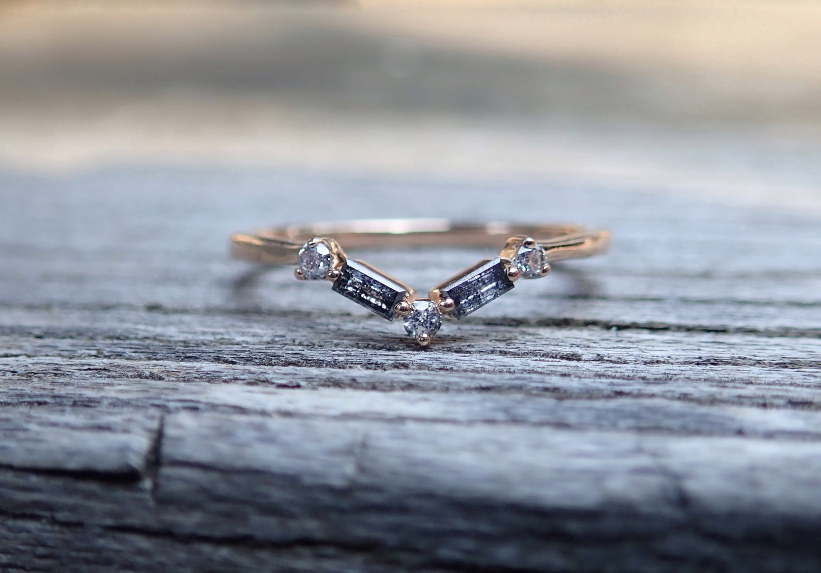 Accented Baguette Chevron Wedding Band - Salt and Pepper Diamond Ring- mossNstone