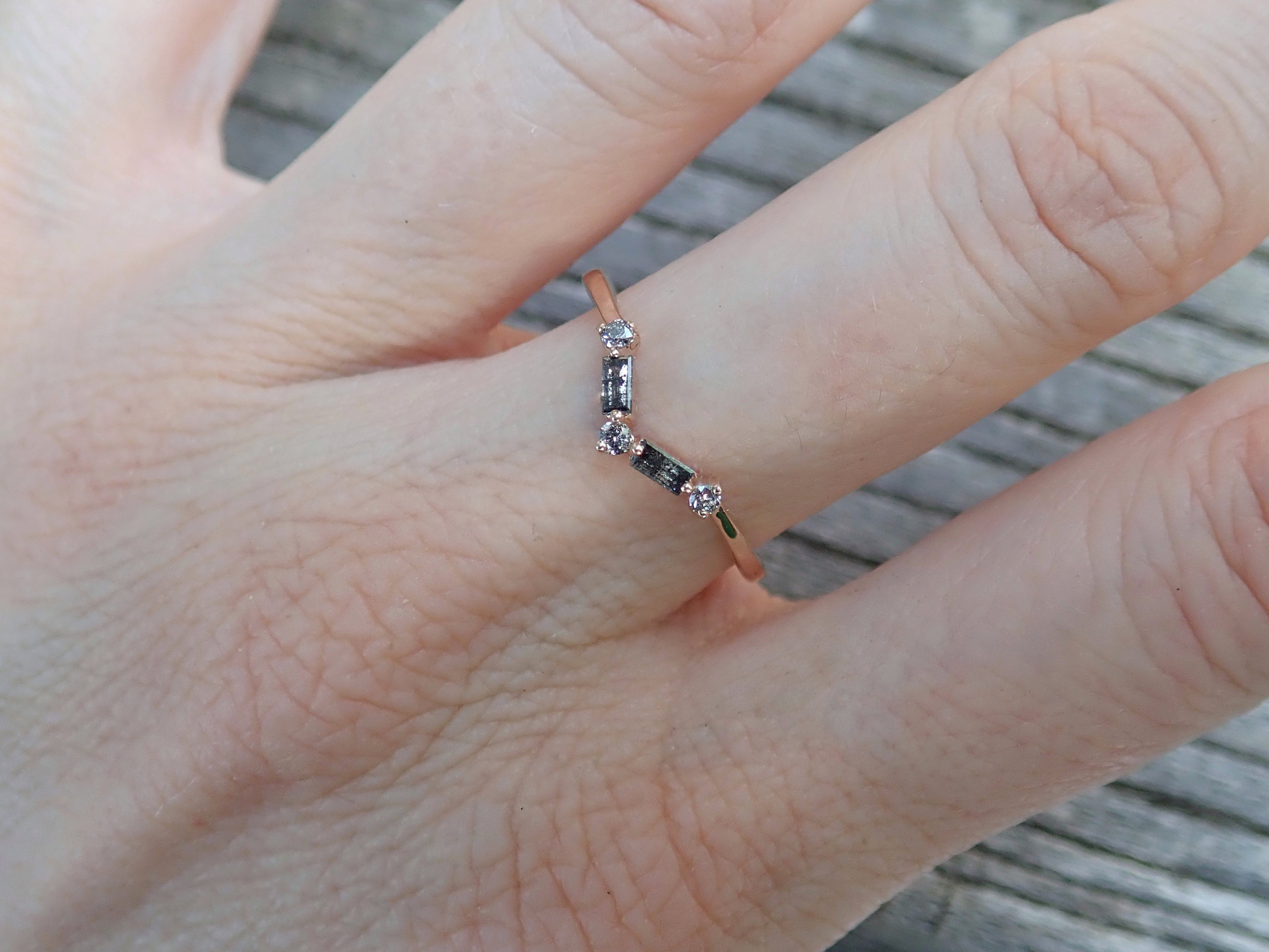 Accented Baguette Chevron Wedding Band - Salt and Pepper Diamond Ring- mossNstone
