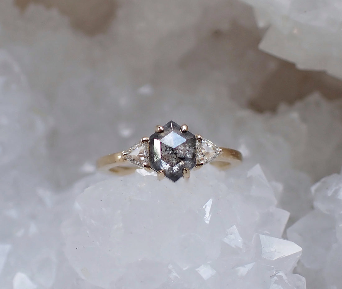 Salt and Pepper Hexagon Diamond Ring Set, 14k Yellow Gold - Salt and Pepper Diamond Ring- mossNstone
