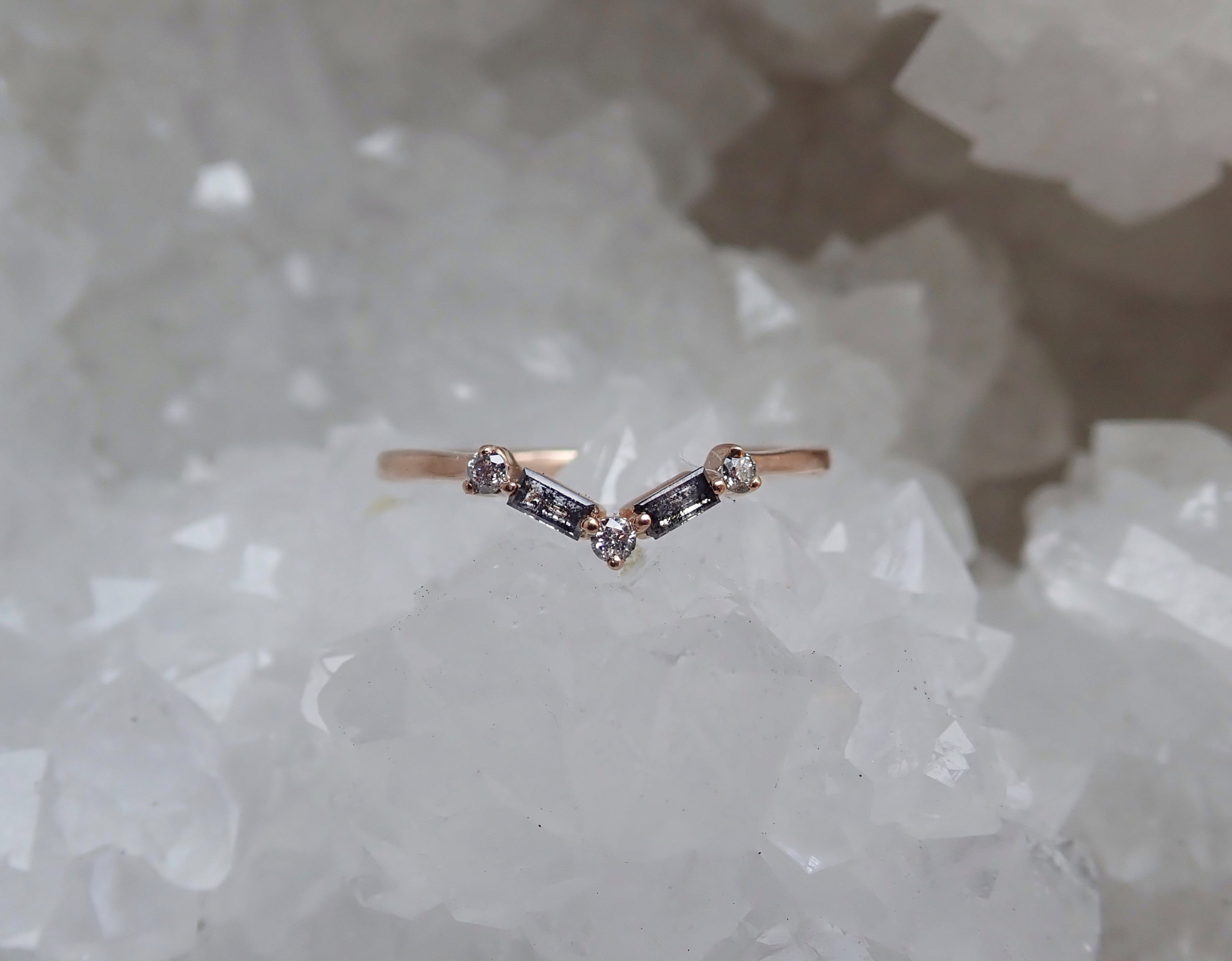 Accented Baguette Chevron Wedding Band - Salt and Pepper Diamond Ring- mossNstone