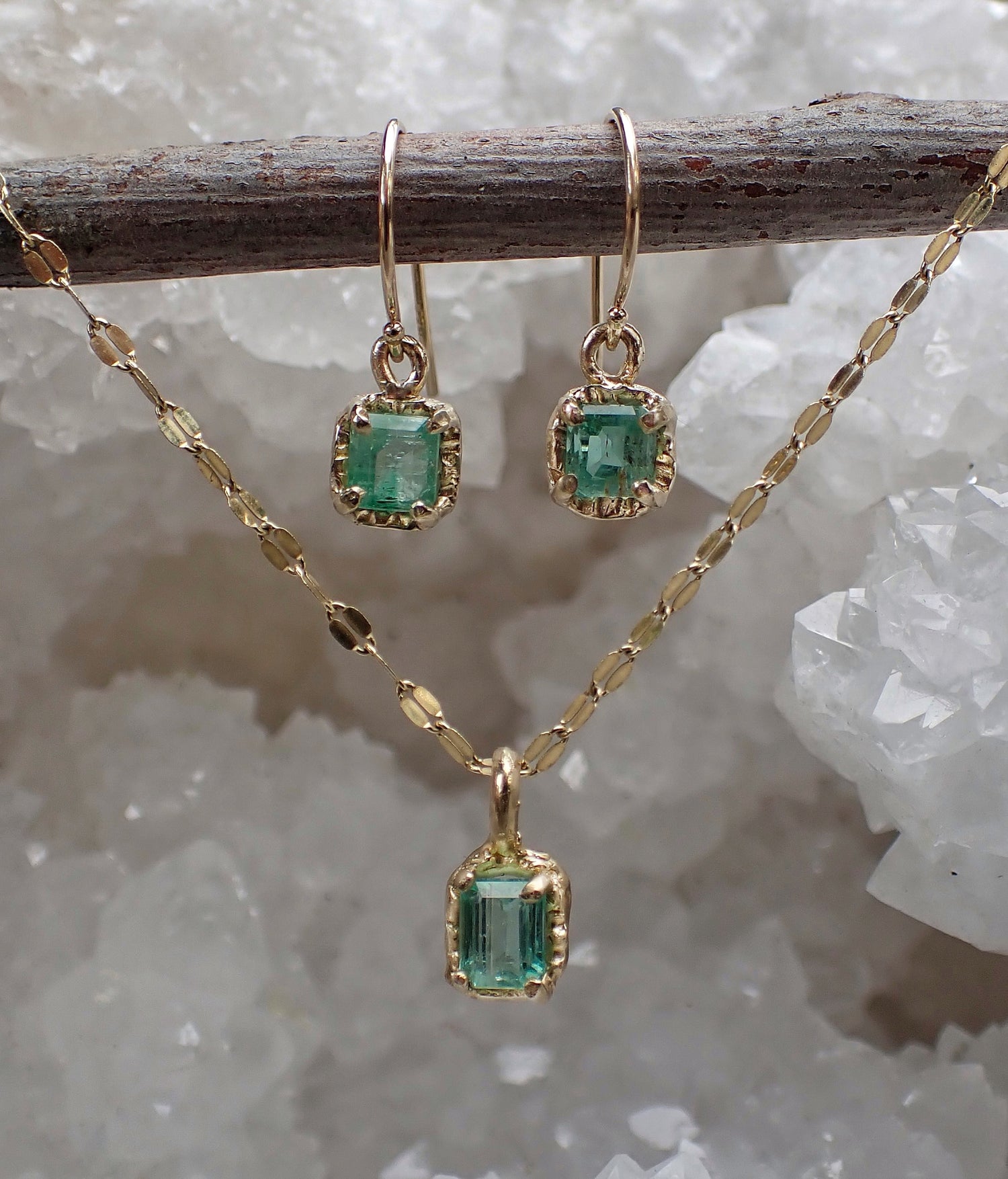 Natural Emerald Earrings - Salt and Pepper Diamond Ring- mossNstone