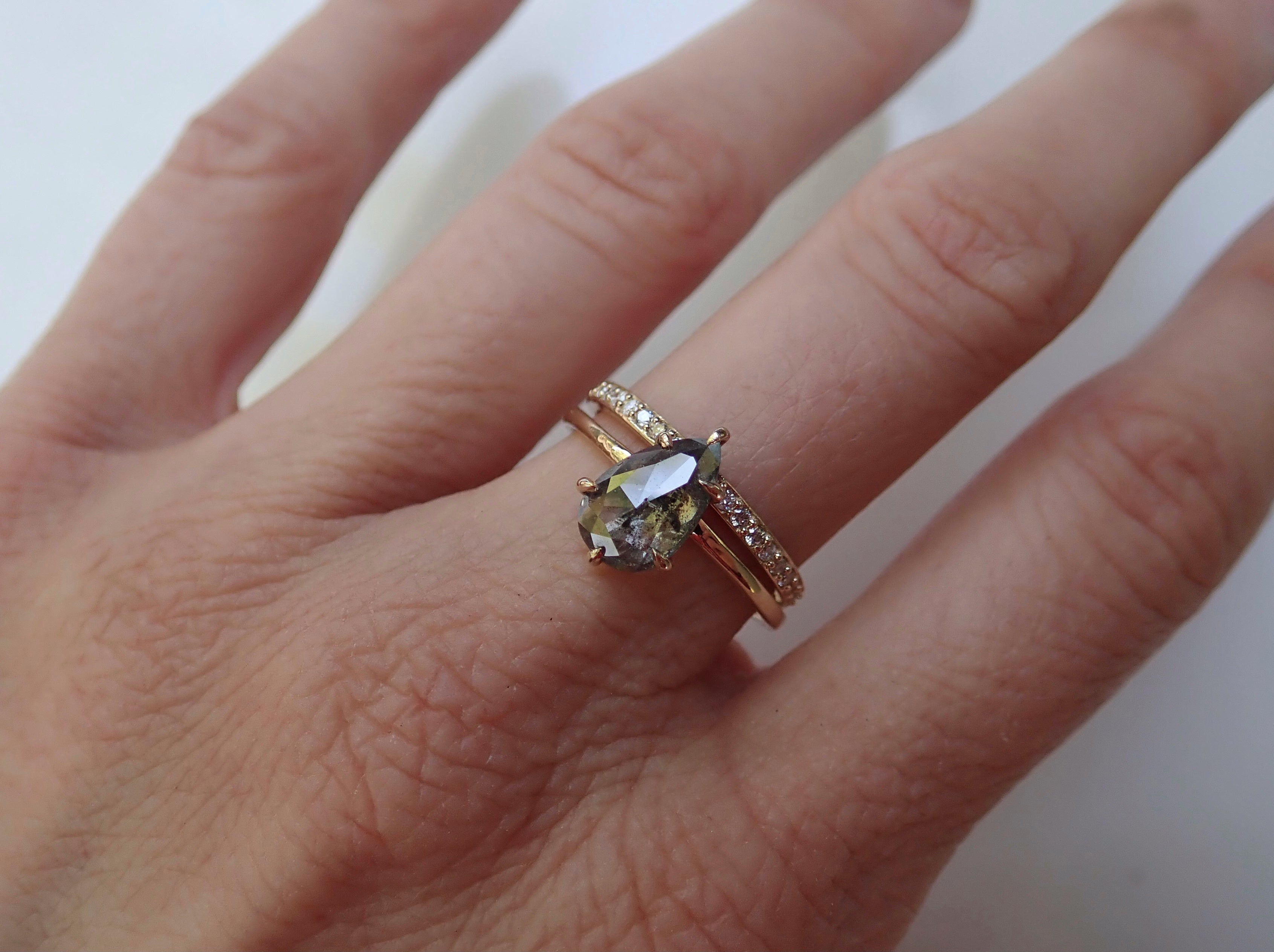 Salt and Pepper Pear Diamond Ring 14k yellow Gold, Six Prong Setting - mossNstone