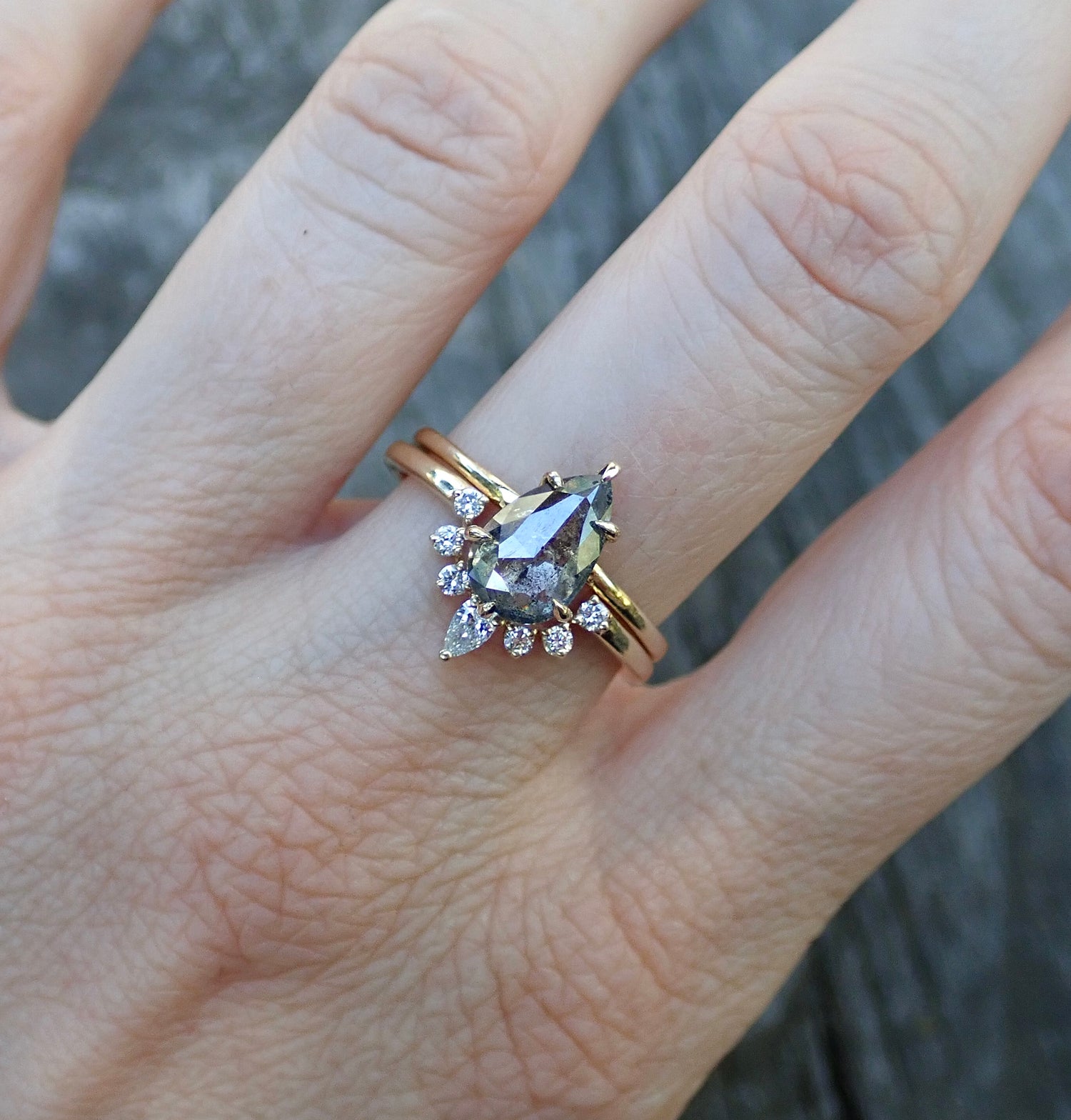 White Diamond Crown Ring - Salt and Pepper Diamond Ring- mossNstone