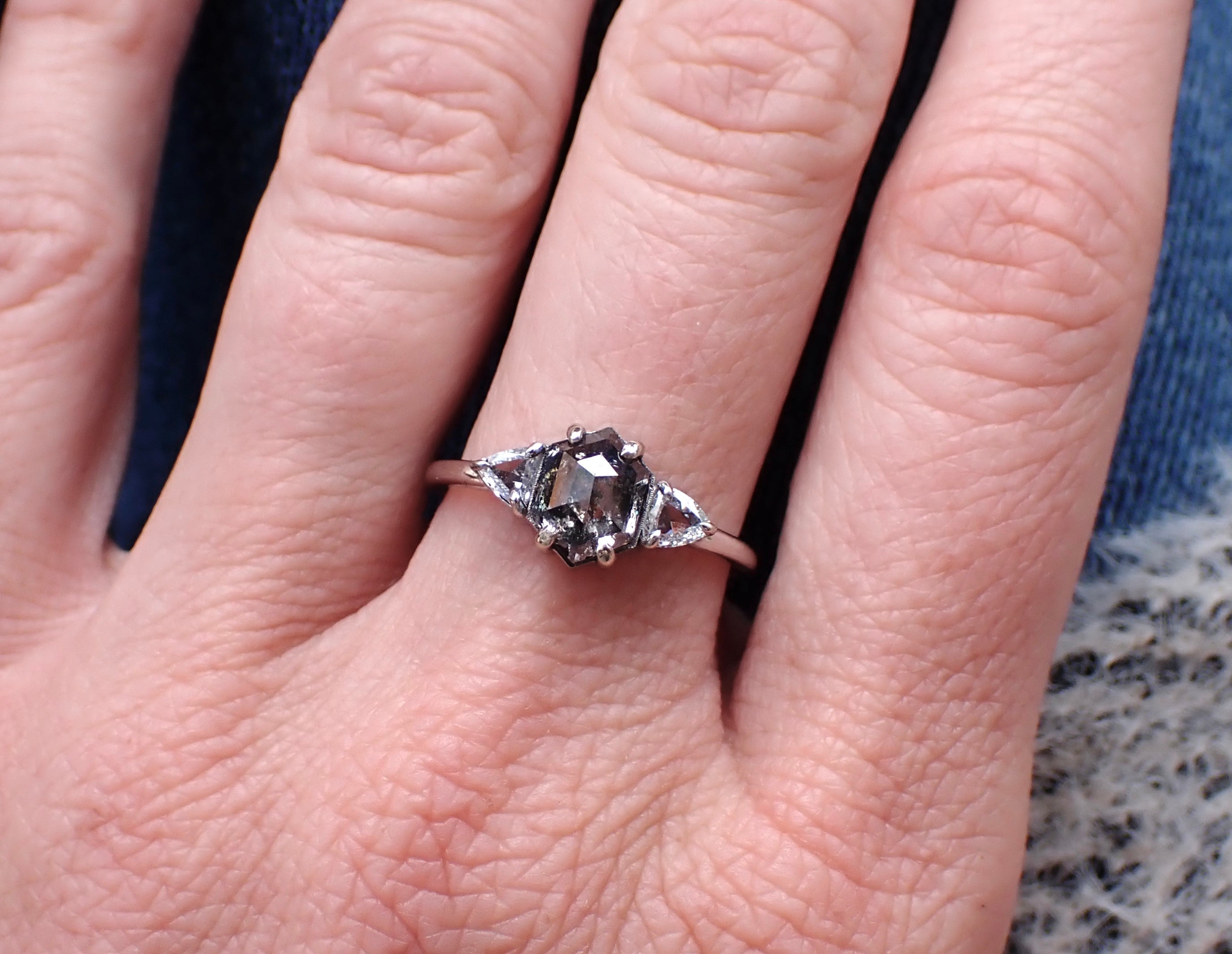 Salt and Pepper Hexagon Diamond Ring with Triangle Accents, 14k White Gold - Salt and Pepper Diamond Ring- mossNstone