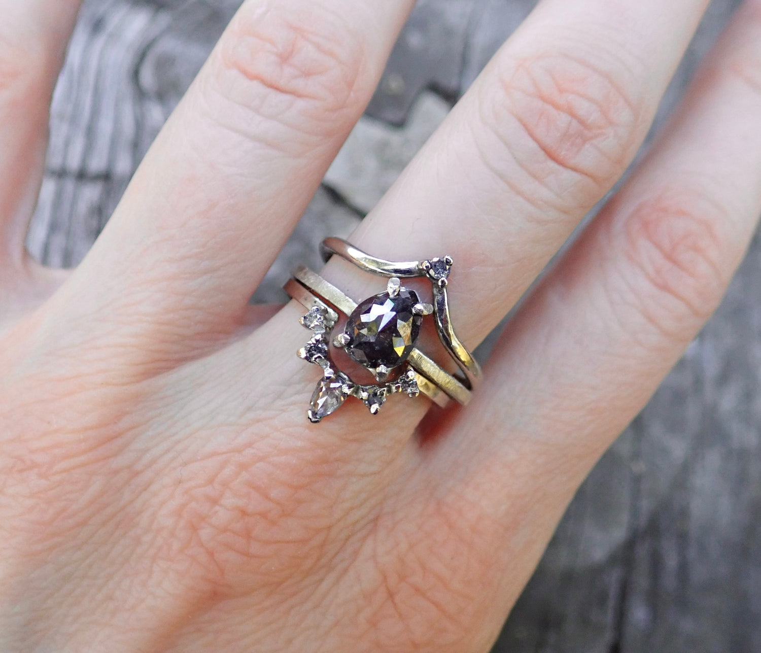 Inverted Diamond Crown Ring - Salt and Pepper Diamond Ring- mossNstone