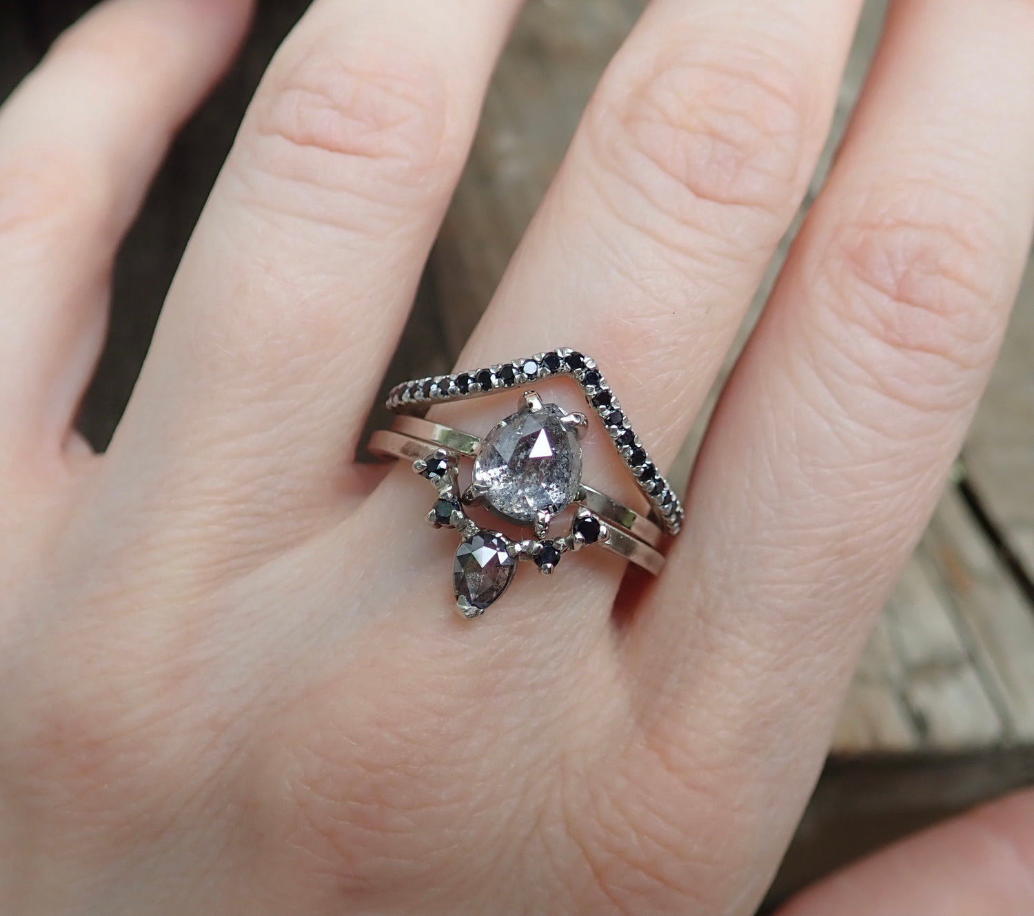 Inverted Diamond Crown Ring - Salt and Pepper Diamond Ring- mossNstone