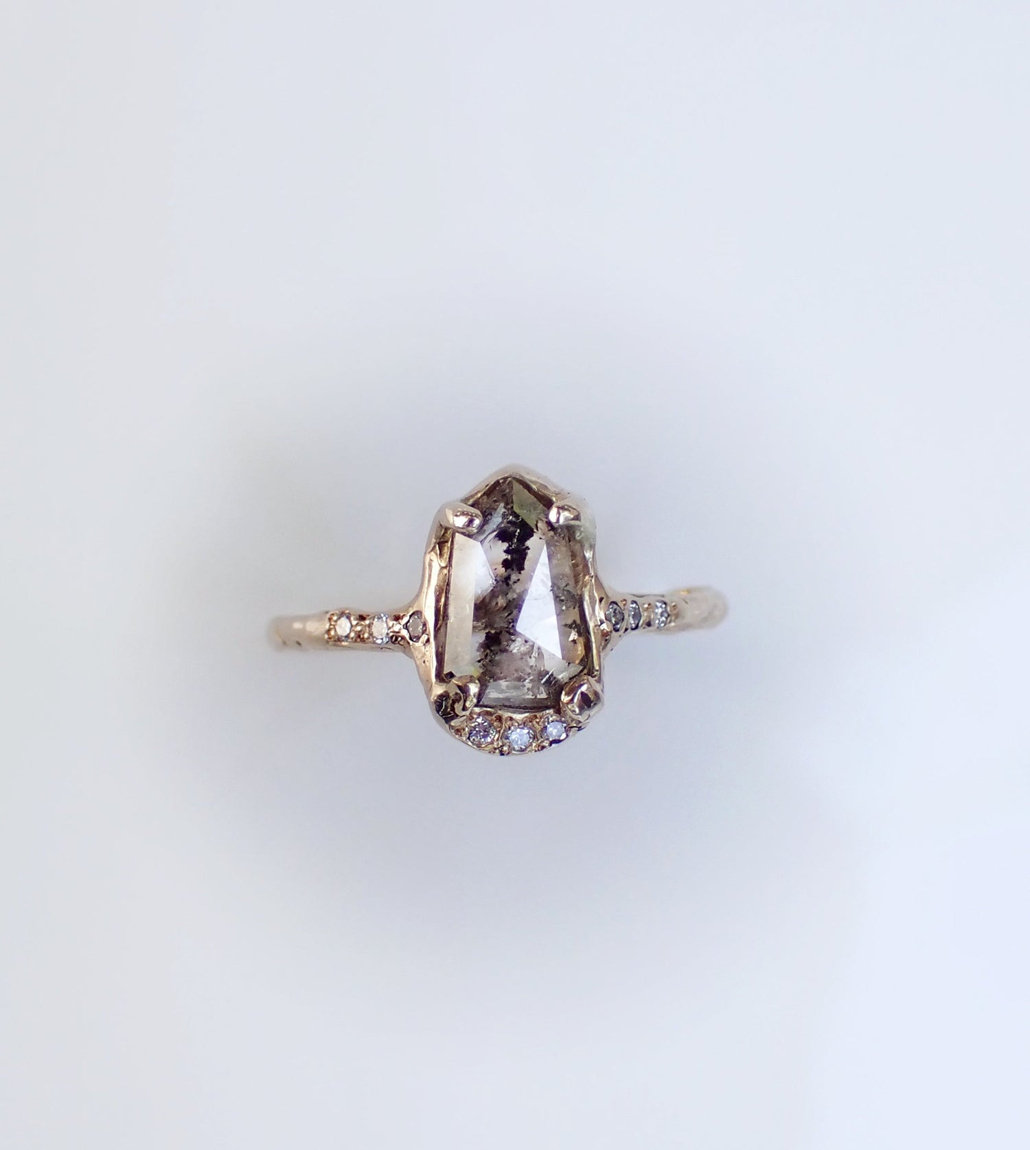 Select Your Own Shield Cut Diamond, 14k Hand Carved Setting - Salt and Pepper Diamond Ring- mossNstone