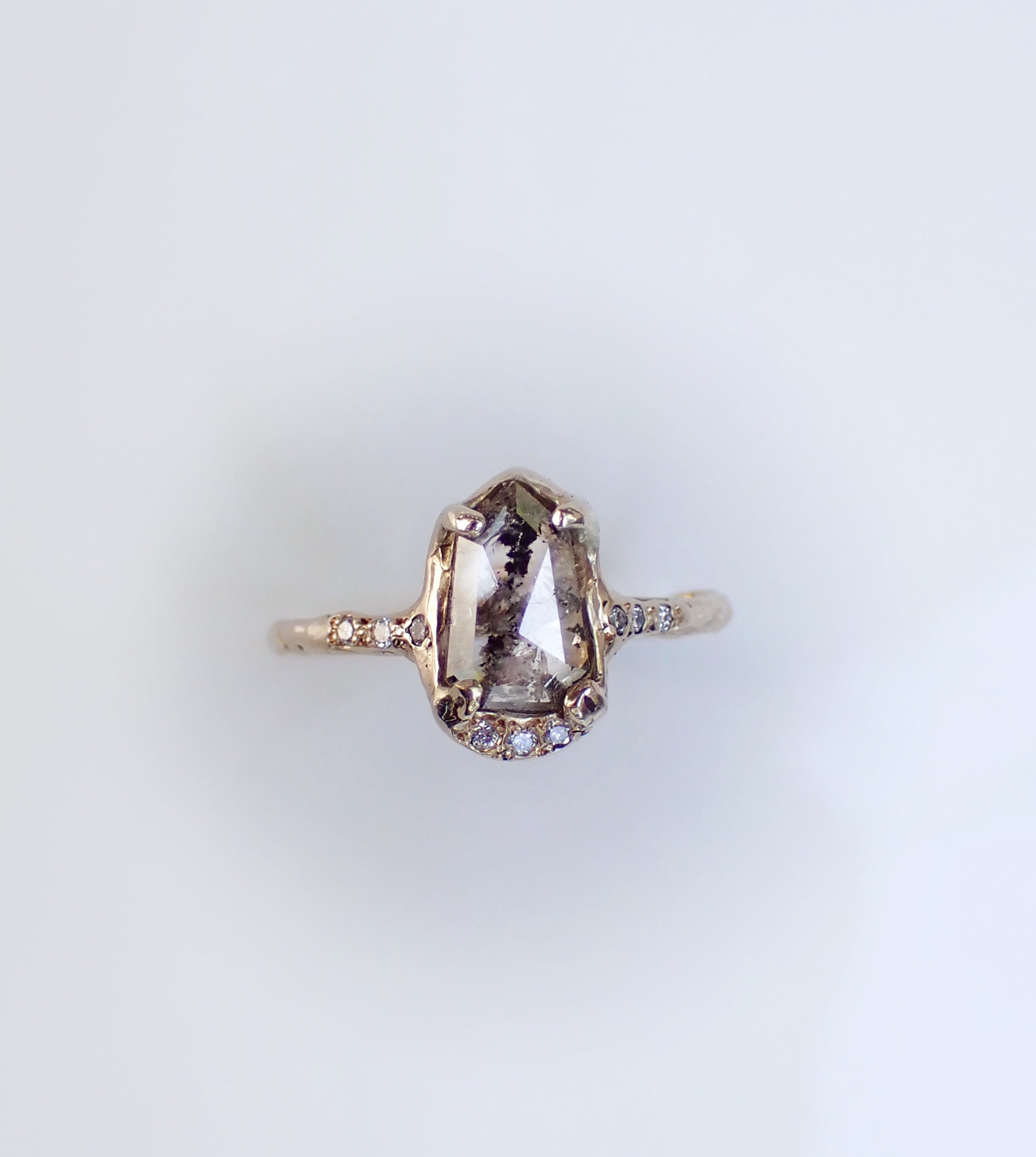 Select Your Own Shield Cut Diamond, 14k Hand Carved Setting - Salt and Pepper Diamond Ring- mossNstone